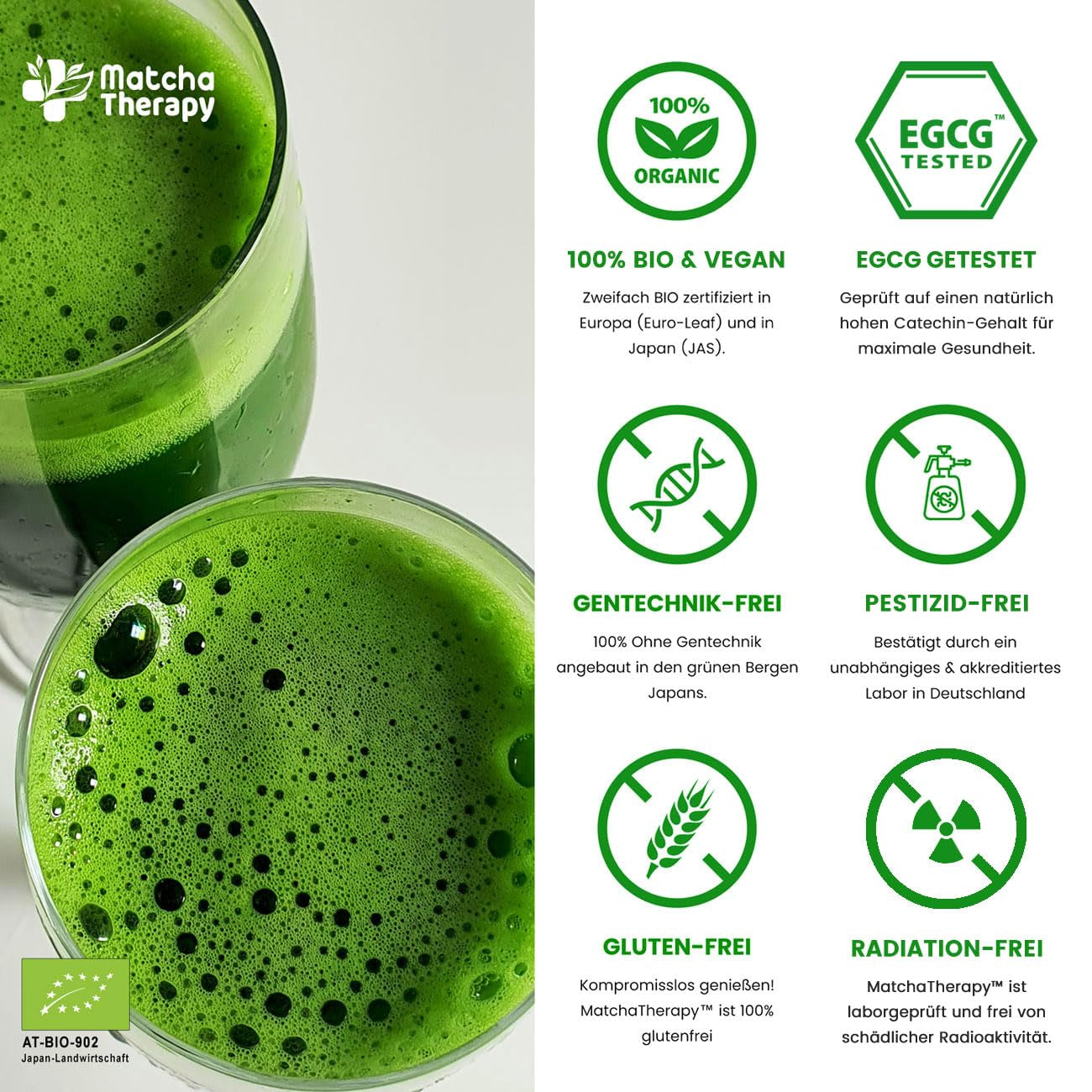 Thérapie Matcha 30+ | Poudre de thé Matcha biologique | 60g | Avec une teneur vérifiée d'au moins 30 mg/g de catéchine EGCG | Soutient le système immunitaire et les niveaux d'énergie | Qualité cérémoniale | Thé vert du Japon