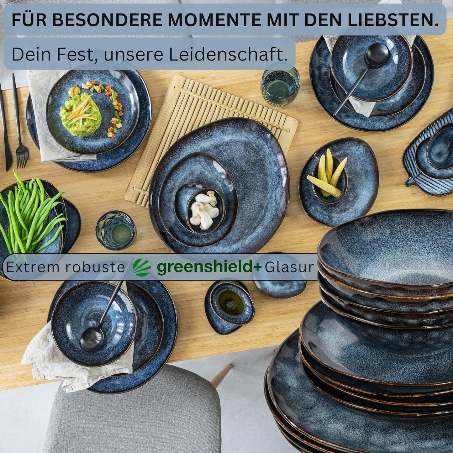 Sanger | Service de table Tokyo 36 pièces Service de table en porcelaine pour 12 personnes Vaisselle moderne faite à la main bleu foncé avec accents noirs | LA COLLECTION PREMIUM