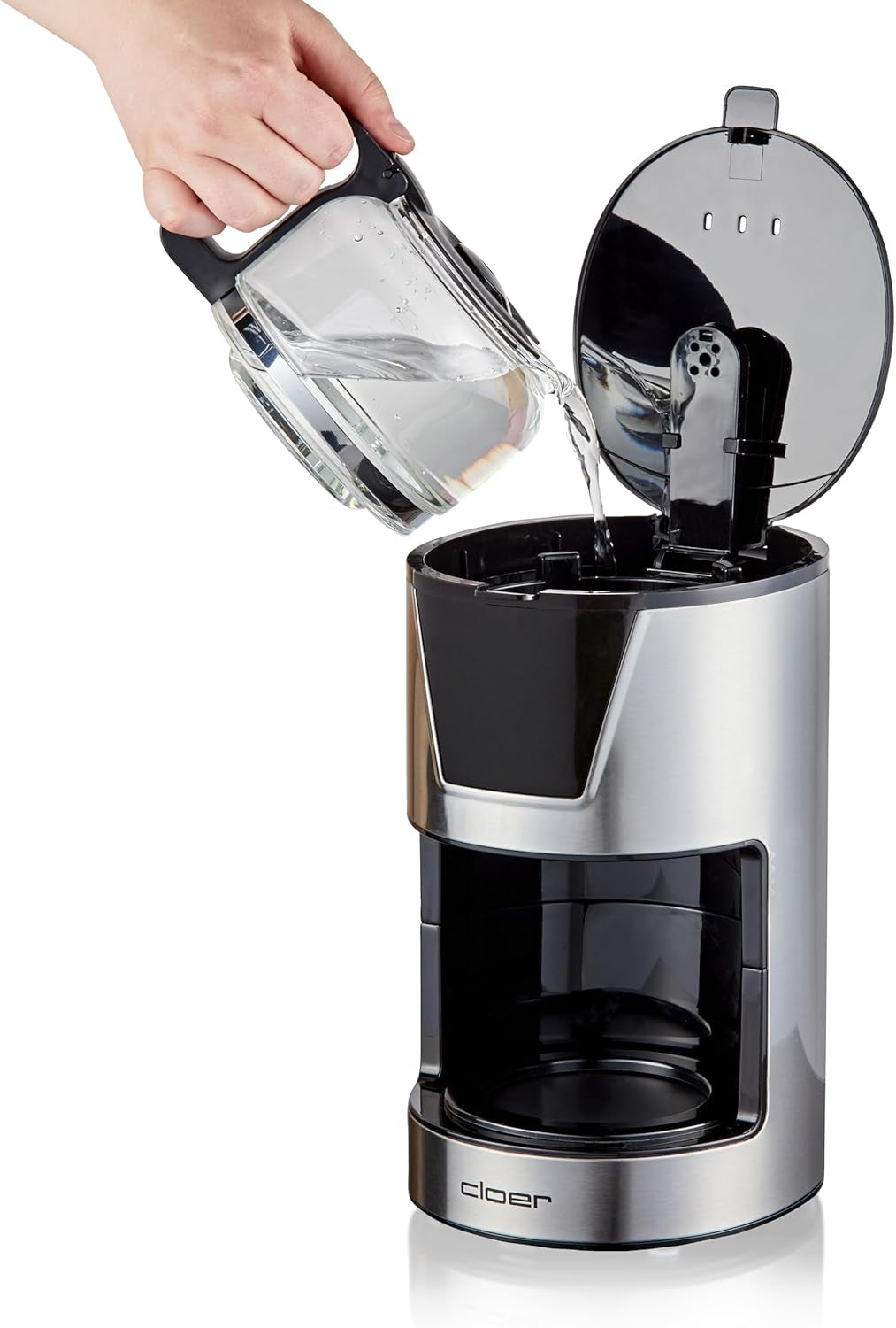 Machine à expresso à filtre Cloer 6 tasses, fonction maintien au chaud doux, carafe en verre, cuillère doseuse, indicateur de niveau d'eau, système anti-goutte, arrêt automatique, taille de filtre 1x2, 550 W, acier inoxydable