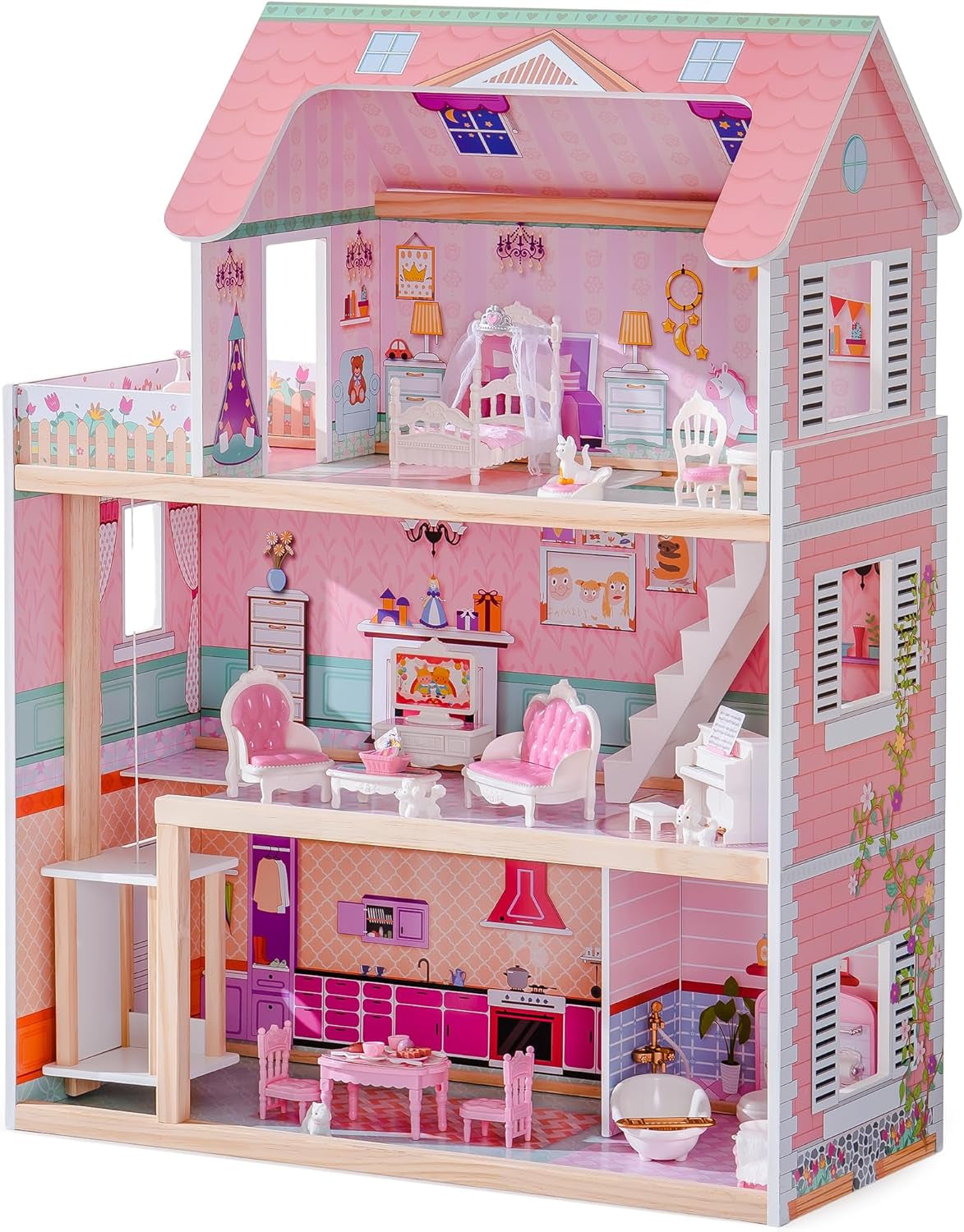 ROBUD Maison de poupée en bois pour enfants, jouet cadeau pour filles et garçons de 3, 4, 5, 6 ans