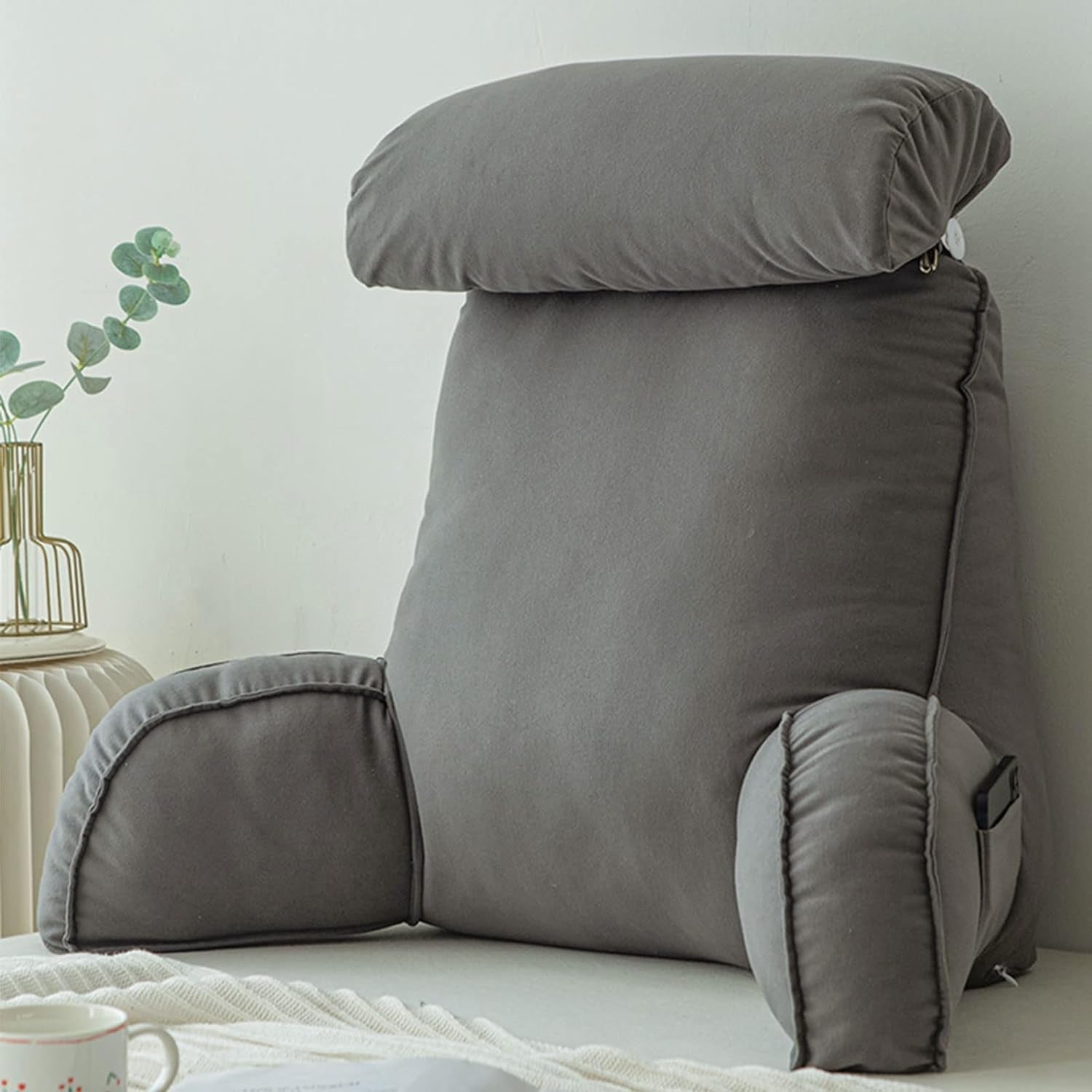 Oreiller de lecture avec accoudoirs, coussin de dossier de canapé, coussin de livre pour lit, avec rouleau de cou amovible, coussin de soutien de chaise pour se détendre, jouer, lire, regarder la télévision