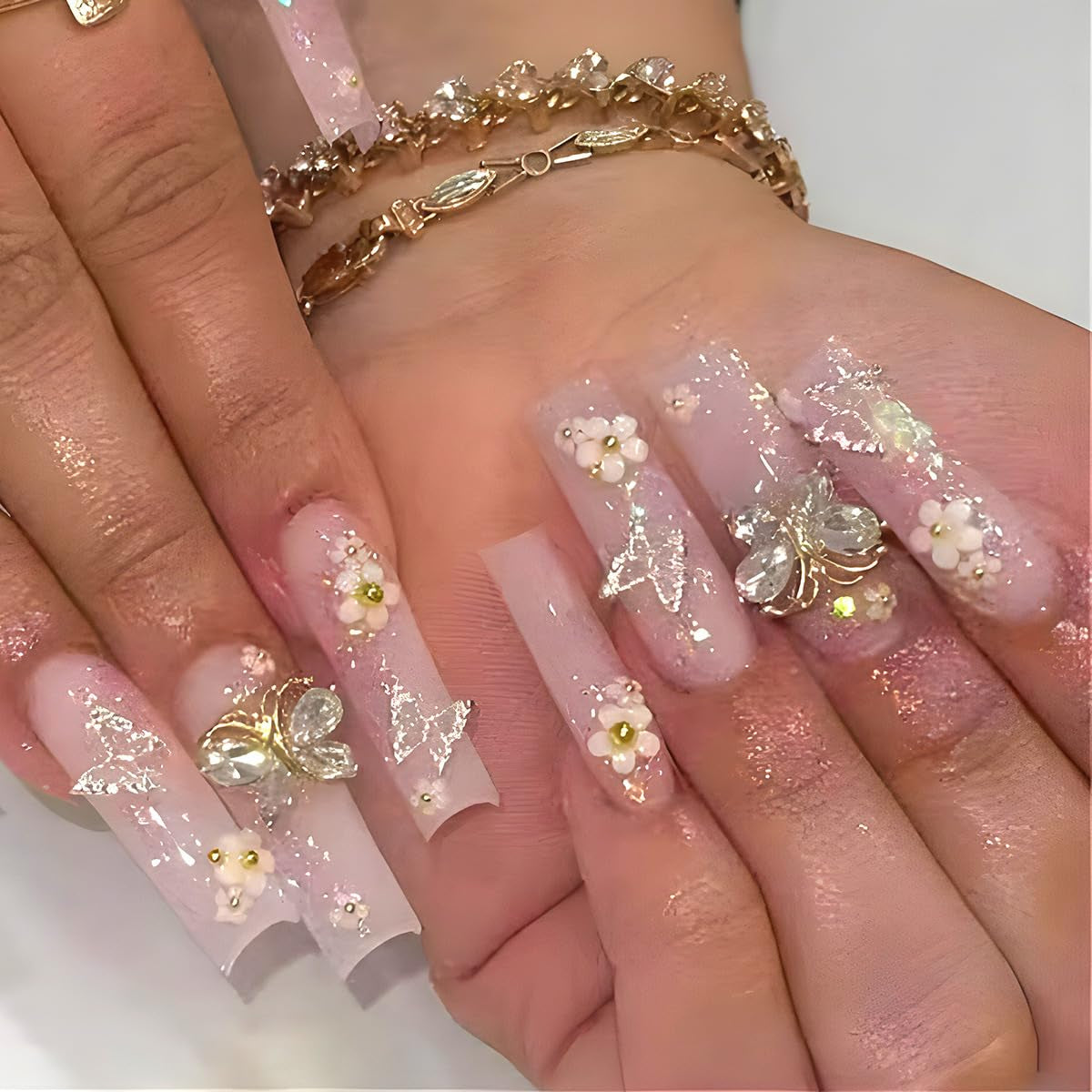 24 pièces presse longue sur les ongles cercueil ongles artificiels fleur de papillon ongles adhésifs blanc marron ensemble d'ongles en acrylique conseils d'ongles femmes printemps été accessoires pour ongles