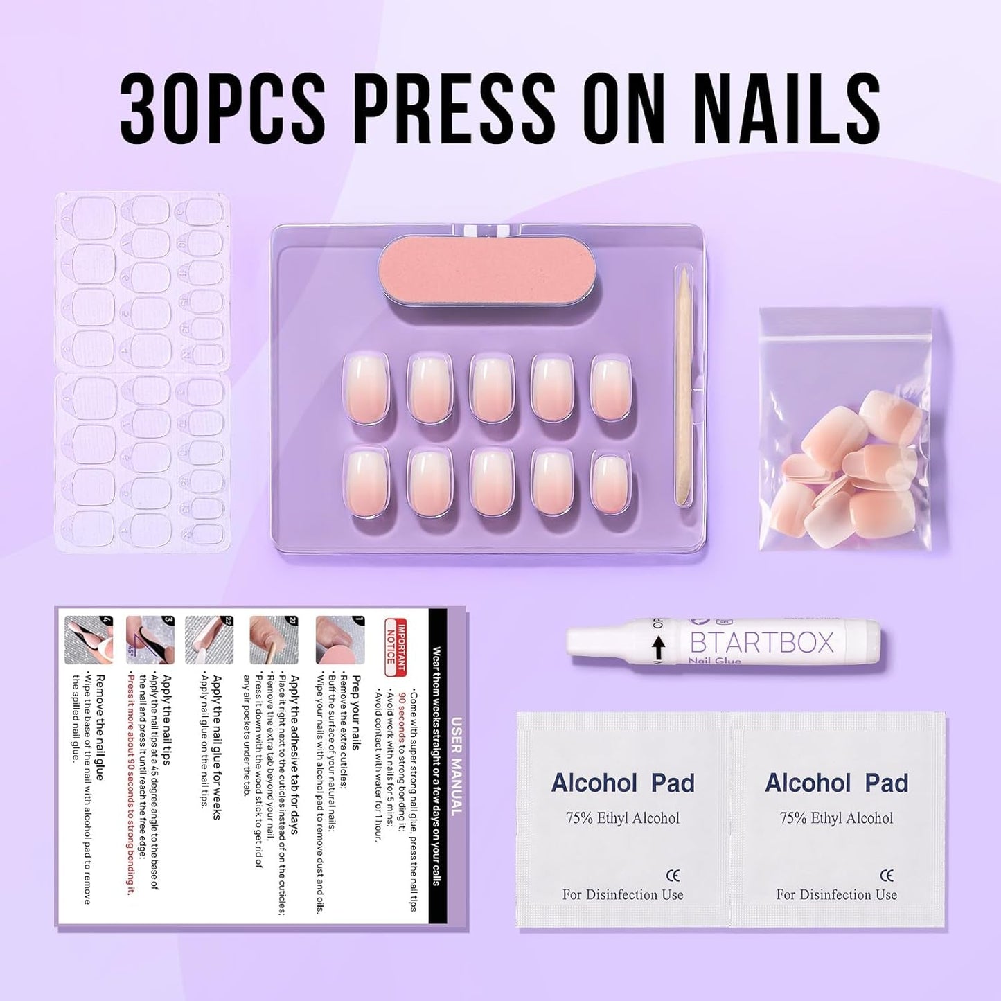 Btartbox Faux Ongles Carrés Courts Baby Boomer Colle Sur Blanc Dégradé Rose Faux Ongles Ongles Artificiels Courts avec Colle À Ongles 30 Pièces Faux Ongles Carrés