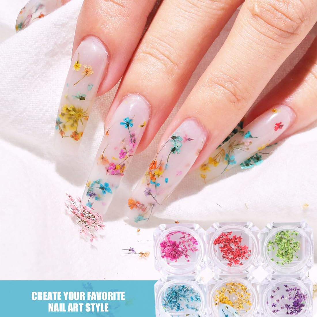 EYVRPAU 6 pièces Nail Art Fleurs Set Décoration, Gelnägel Zubehör 6 Farben, Nail Art Aufkleber Trockene Blumen Kit Getrocknete Blumen Zubehör Set DIY Nageldekoration