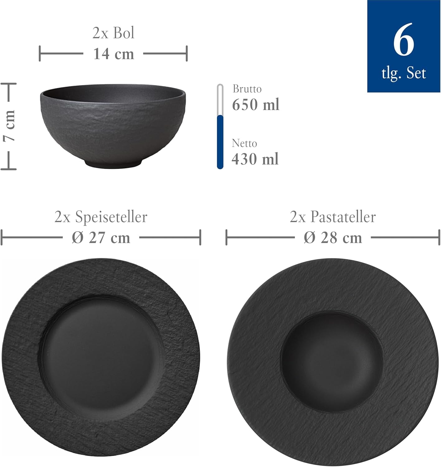 Villeroy & Boch Manufacture Rock Service de table, 6 pièces, Noir, Passe au lave-vaisselle, Passe au micro-ondes, Service de table noir mat, Vaisselle, Couverts, Porcelaine Premium