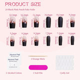 24 pièces automne noir français presse ongles rose fleur longs ongles colle sur faux ongles automne faux ongles ensemble avec accessoires