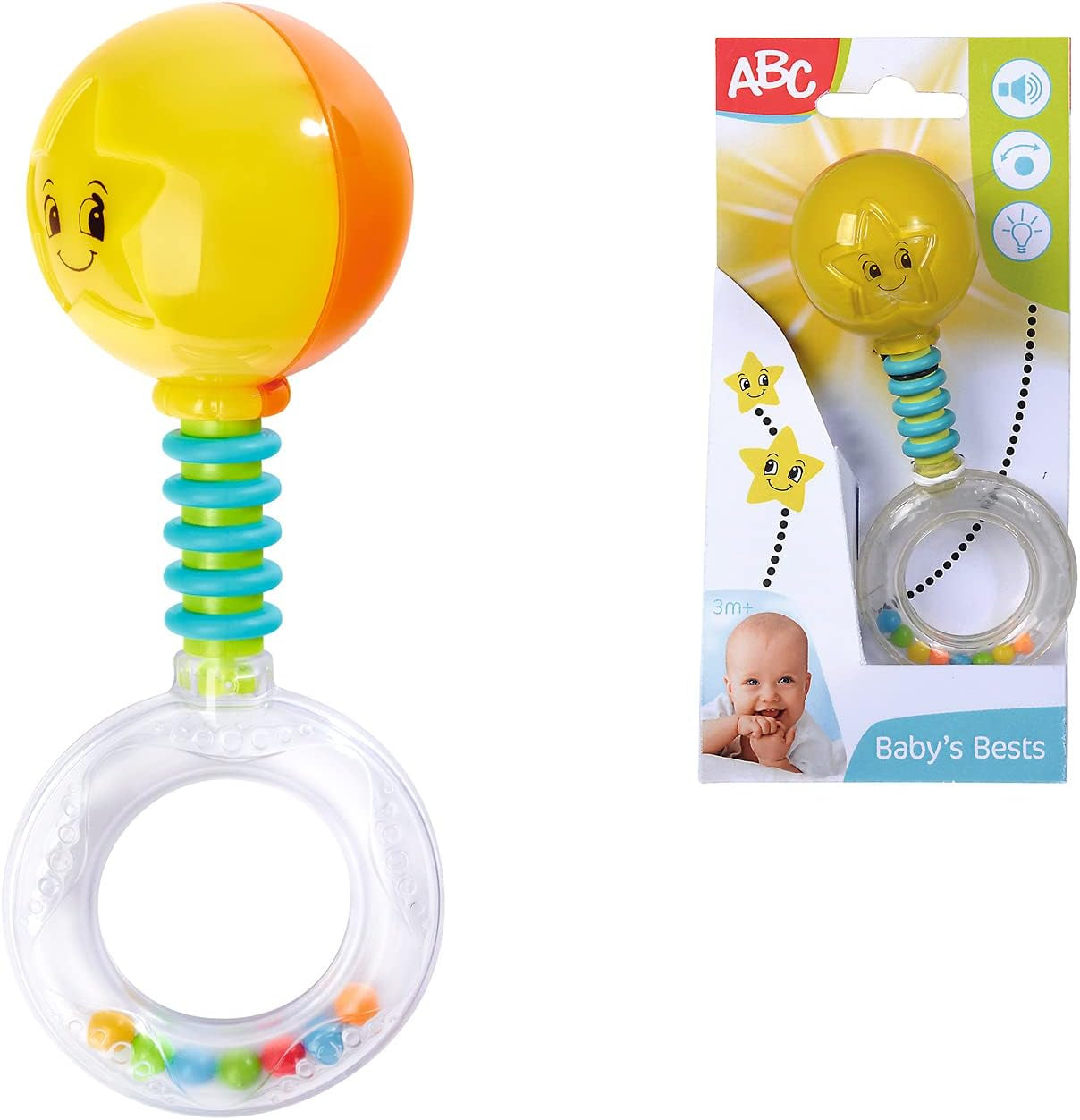 Simba 104010060 - Hochet ABC lumineux, s'allume lorsqu'on le secoue, 14cm, jouet pour bébé, hochet pour bébé, premier équipement, à partir de 3 mois, jaune Jucarii Bebe Naty Shop