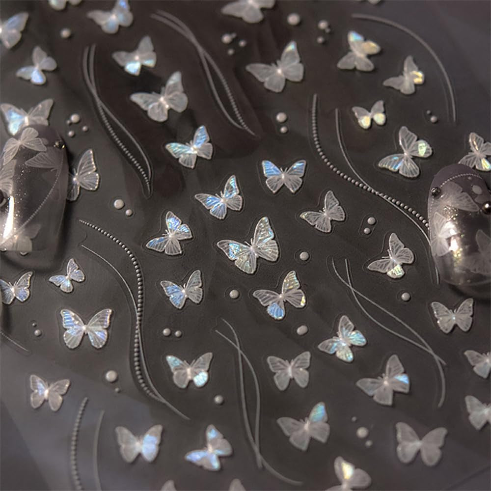 2 Blätter Schmetterling Nagelsticker Selbstklebend,Muschel Glitzer Nail Art Butterfly Nail Sticker Lila Grau Schmetterlinge Nagelaufkleber Relief Laser Papillons Nagel Sticker Nageldesign Zubehör