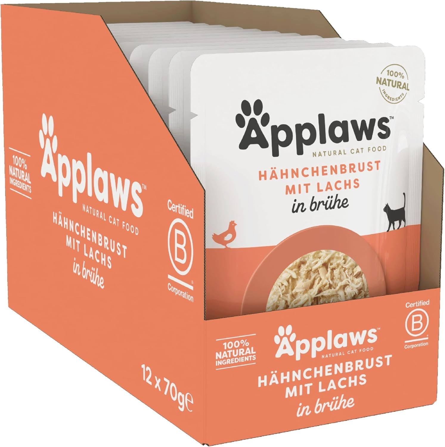 Applaws Nourriture humide pour chats 100 % naturelle, poitrine de poulet avec saumon en bouillon - Paquet de 12 sachets de 70 g