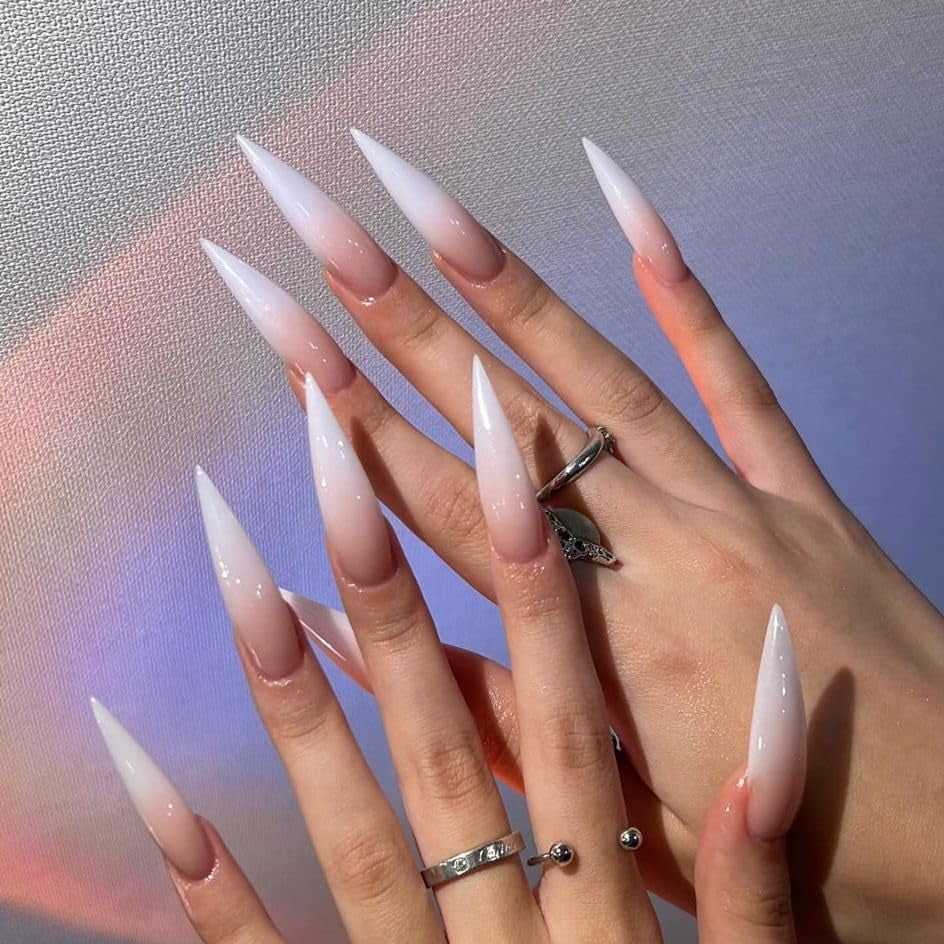 Mouyouglow longs ongles Stiletto laiteux blanc dégradé rose paillettes Cool faux ongles avec colle rose Ombre paillettes ongles artificiels