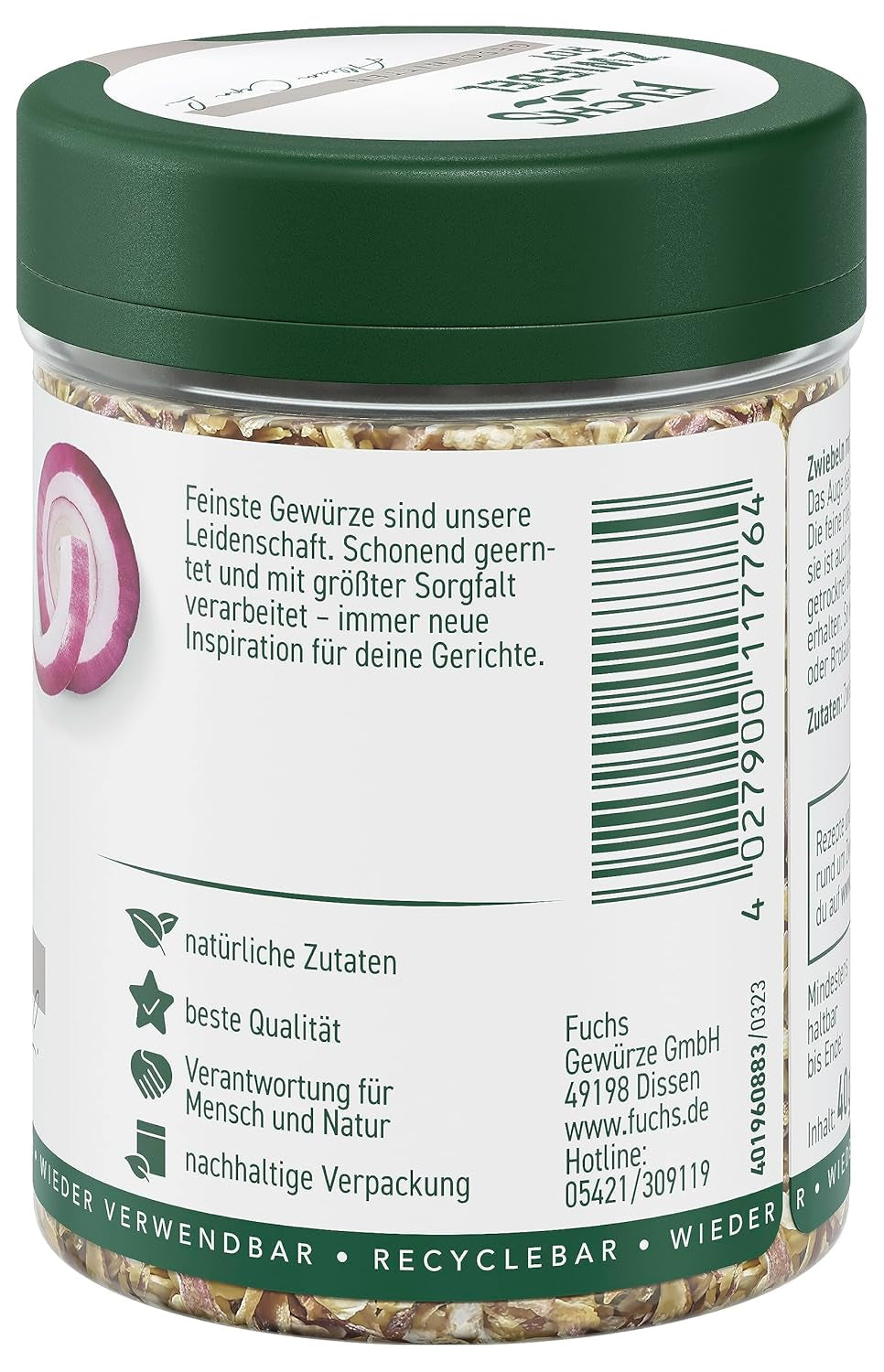 Fuchs Gewürze - Zwiebel rot geschnitten - Gewürz für Pürees, Salad oder Brotaufstriche - ingrédients naturels - 40 g en wiederverwendbarer, recyclebarer Dose