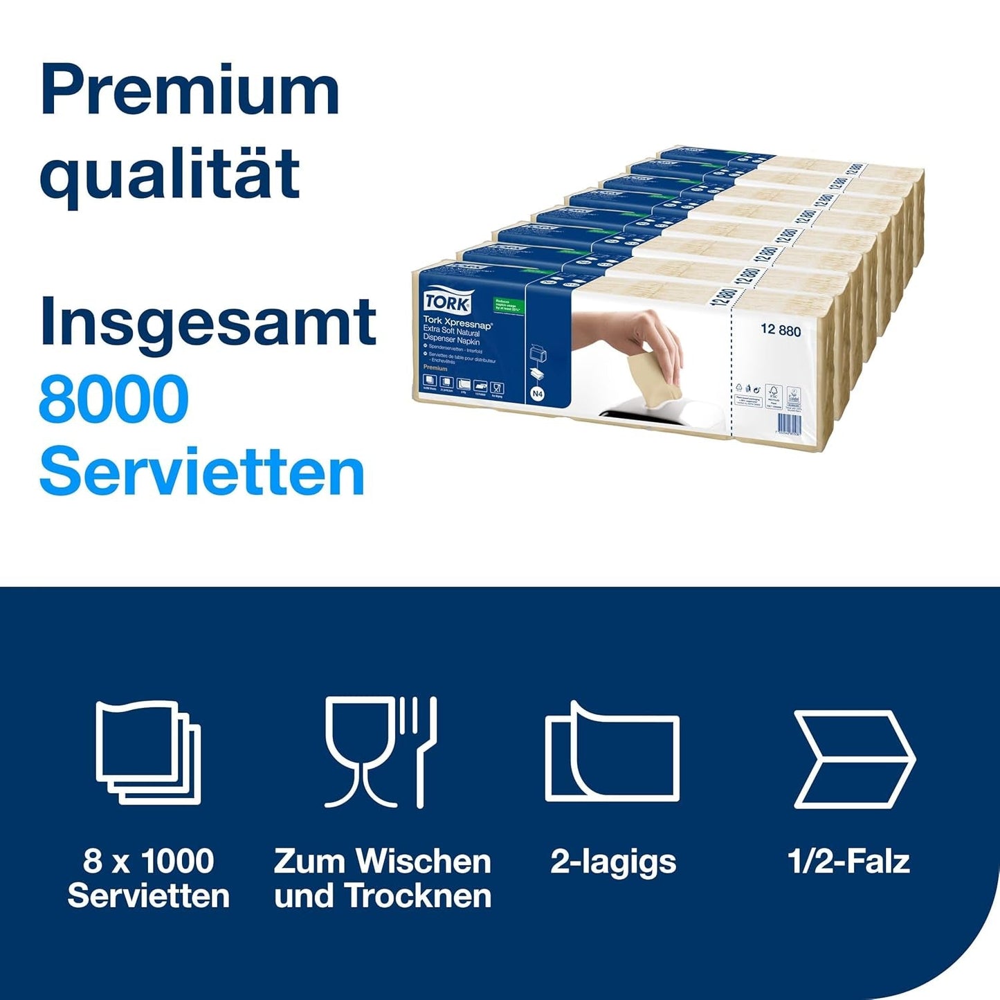 Serviettes distributrices Tork Xpressnap Extra Soft Nature N4, Premium, 1/2 x 2 épaisseurs, 21,3 cm x 16,5 cm, 8 × 1 000 serviettes, 12880