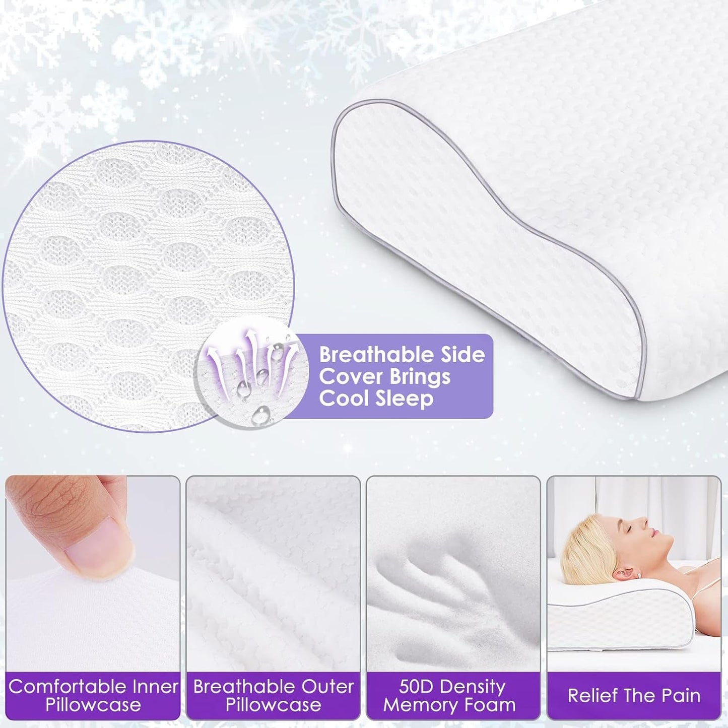 BDTFO Oreiller orthopédique en mousse à mémoire de forme pour douleurs cervicales, soutien du cou pour le dos, le ventre, dormeur latéral avec housse lavable et respirante à fermeture éclair Oreillers orthopédiques cervicaux Naty Shop