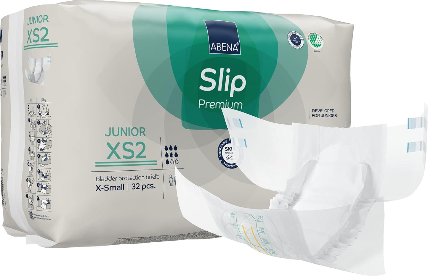Couches antidérapantes junior de qualité supérieure, écolabellisées, protection améliorée contre les fuites, couches pour bébé sûres et confortables - taille 7/XS2, tour de taille 40-60 cm, 5-15 ans, 1 x 32 paquets