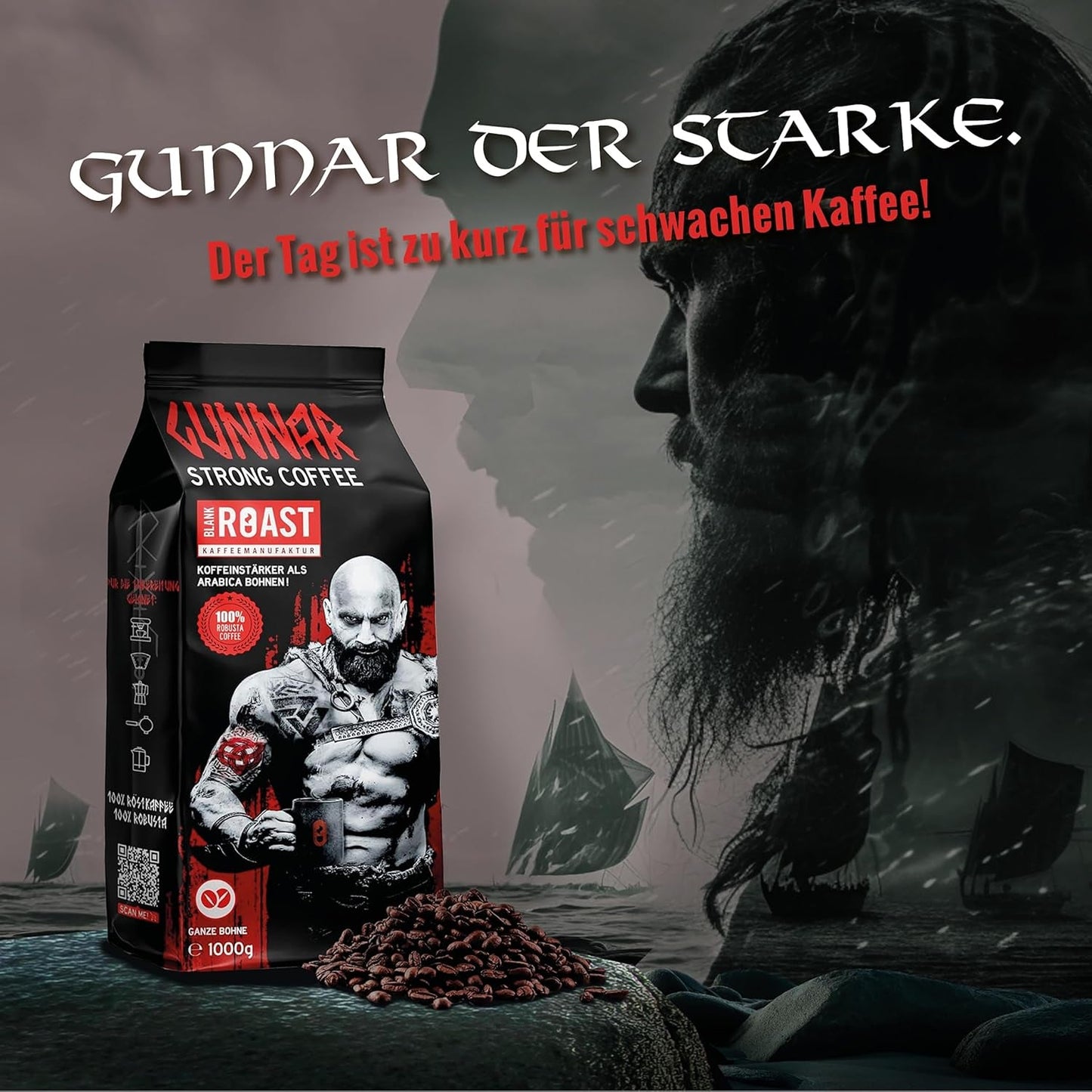 Rôti vierge - GUNNAR - 1kg - Café de Bohême entier extra fort - Kräftige Robusta-Röstung - 494mg Kaffein je Tasse - Würzig & Kraftvoll mit Noten von dunkler Schokolade - Säurearm