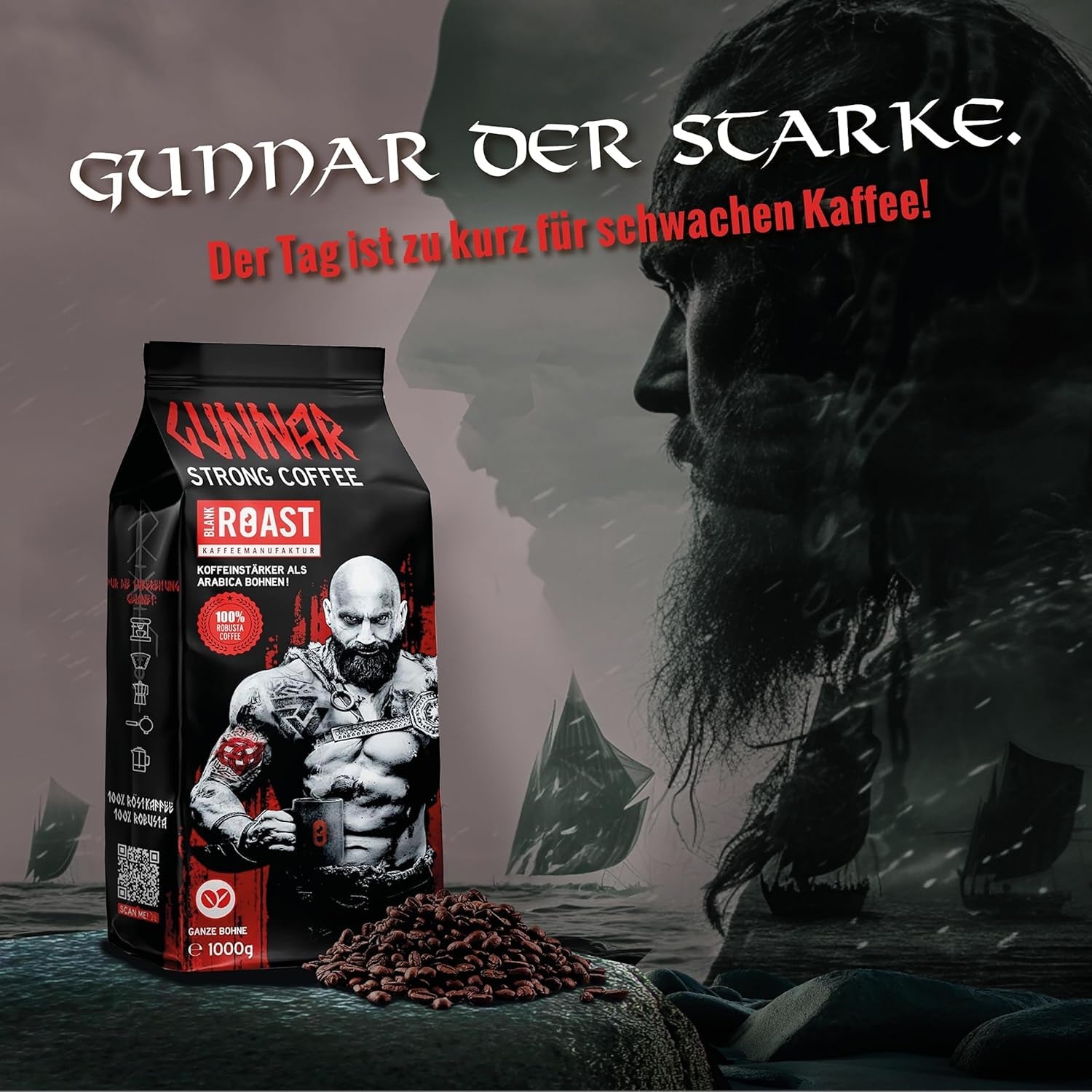 Rôti vierge - GUNNAR - 1kg - Café de Bohême entier extra fort - Kräftige Robusta-Röstung - 494mg Kaffein je Tasse - Würzig & Kraftvoll mit Noten von dunkler Schokolade - Säurearm
