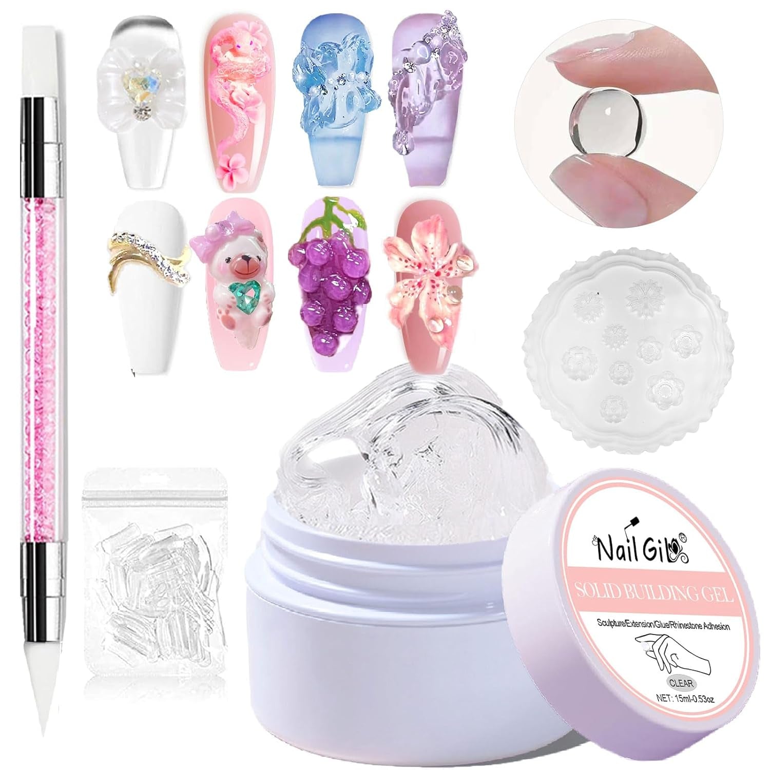 NAILGIL Vernis à ongles en gel solide, colle à ongles en gel solide, sculpture d'art d'ongle 3D avec ensemble d'outils, salon de bricolage à domicile, transparent 15G