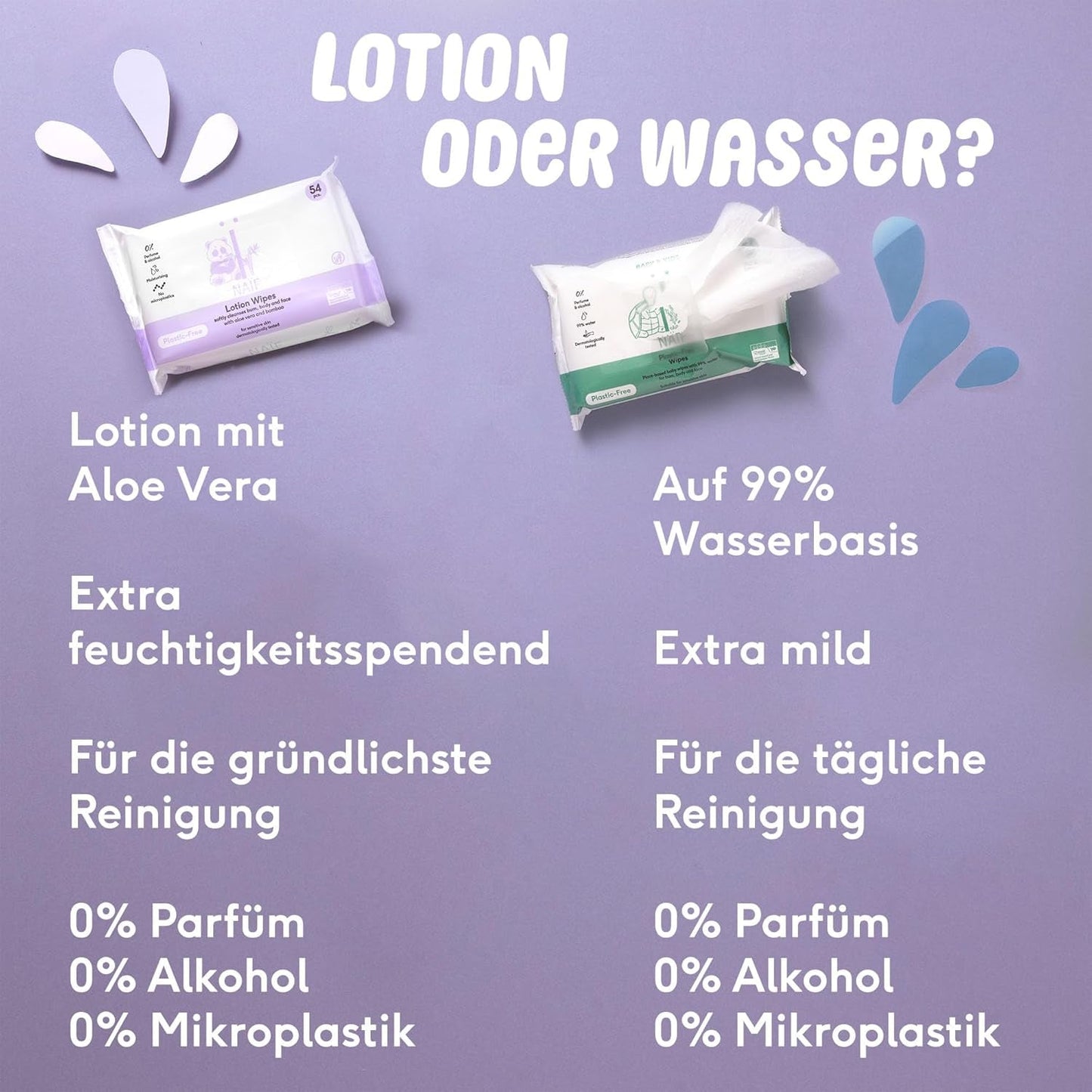Naïf - Lingettes humides sans plastique - 162 pièces (3 paquets de 54 lingettes chacun) - pour bébés et enfants - fesses, corps, visage - à l'aloe vera et bambou - 0% parfum et alcool