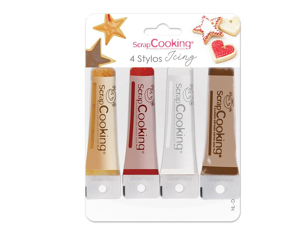 Scrapcooking - Marqueurs 4 pièces : or, chocolat, blanc et rouge - feutres comestibles décoratifs pour écrire et dessiner sur desserts, gâteaux et biscuits