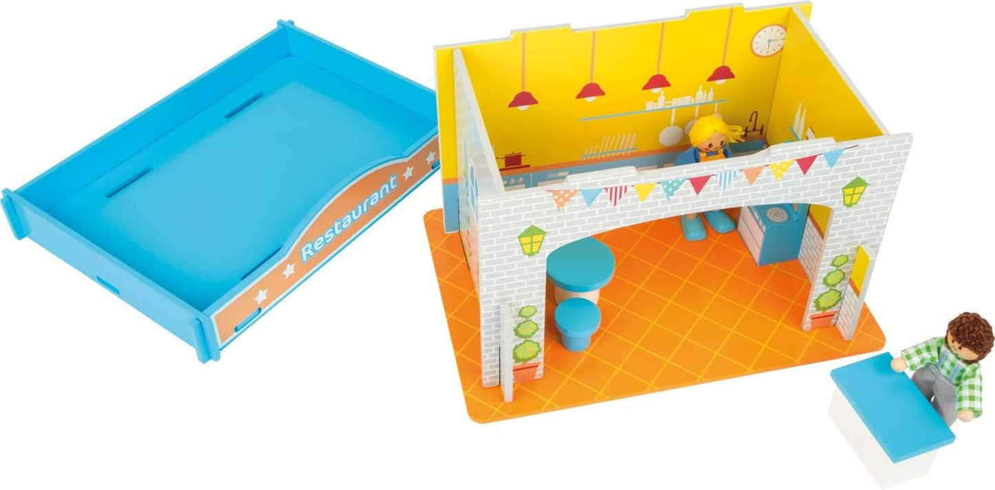 Small Foot 10852 Playhouse Restaurant En bois, Avec 2 figurines de poupée, accessoires et toit amovible, À partir de 3 ans Naty Shop Dollhouses