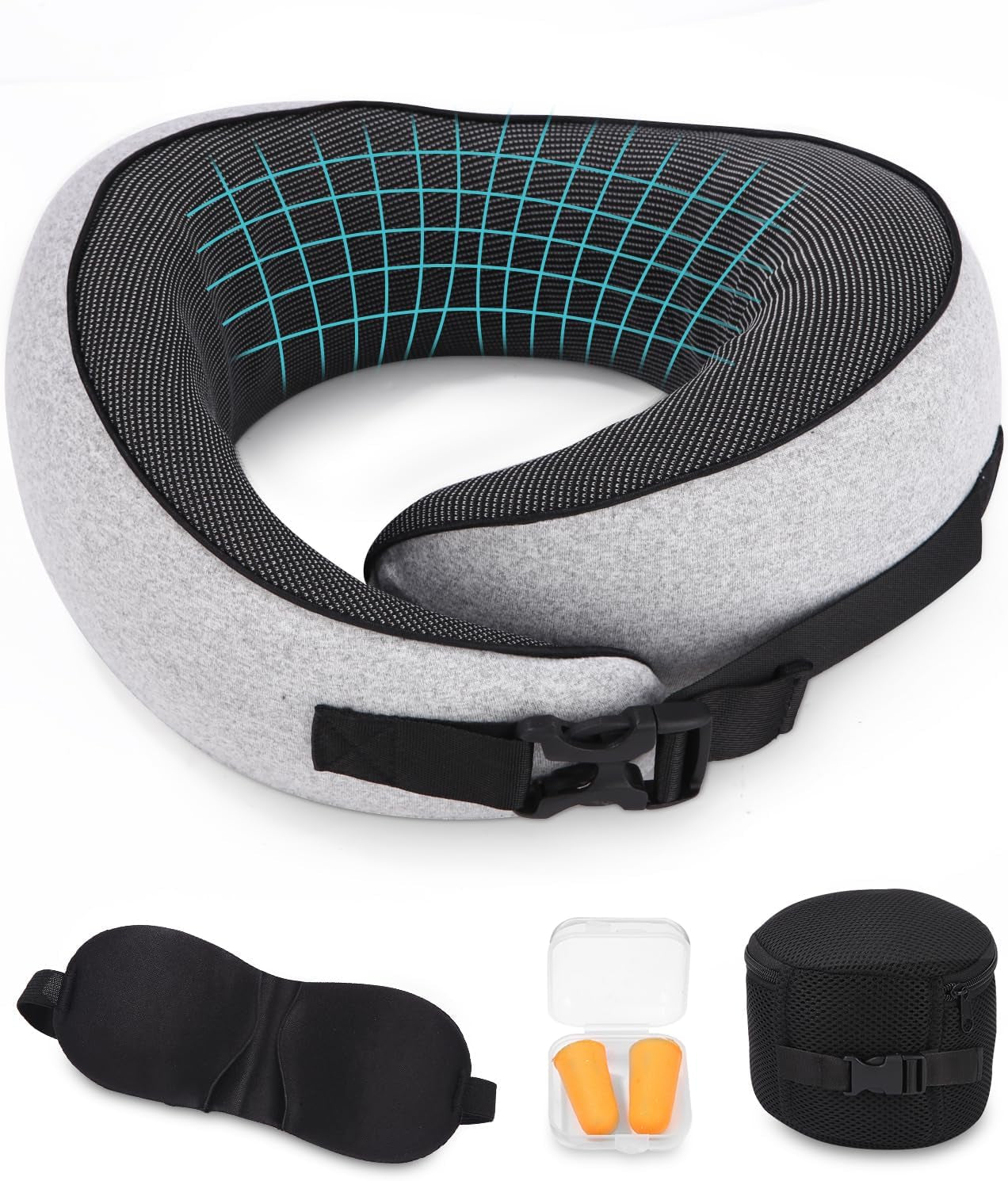 Oreiller cervical d'avion, oreiller de voyage en mousse à mémoire de forme, oreiller cervical pour adulte, oreiller d'avion réglable et lavable, oreiller de voyage ergonomique (gris) Oreillers orthopédiques cervicaux Naty Shop Gris