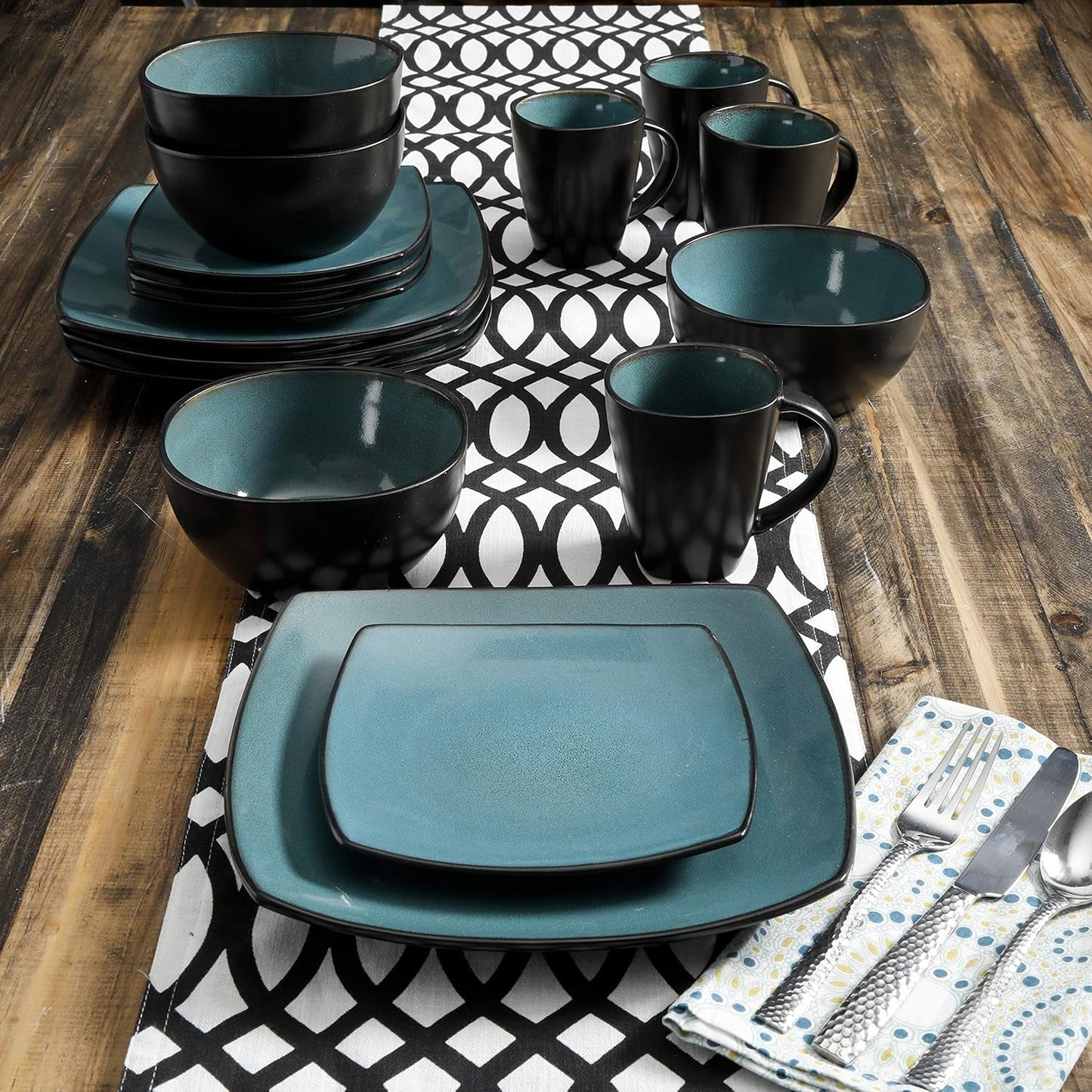 Gibson 99813.16R Elite Soho Lounge Reactive Glaze Service de table pour 4 personnes, 16 pièces, effet bicolore bleu-vert/noir