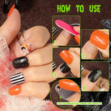 72 pcs Ongles d'Halloween Faux Ongles Autocollants Ongles Artificiels Courts Ongles Pressés Autocollants Citrouille Fantôme Ongles Artificiels Conseils Nail Art Orange Vert Noir