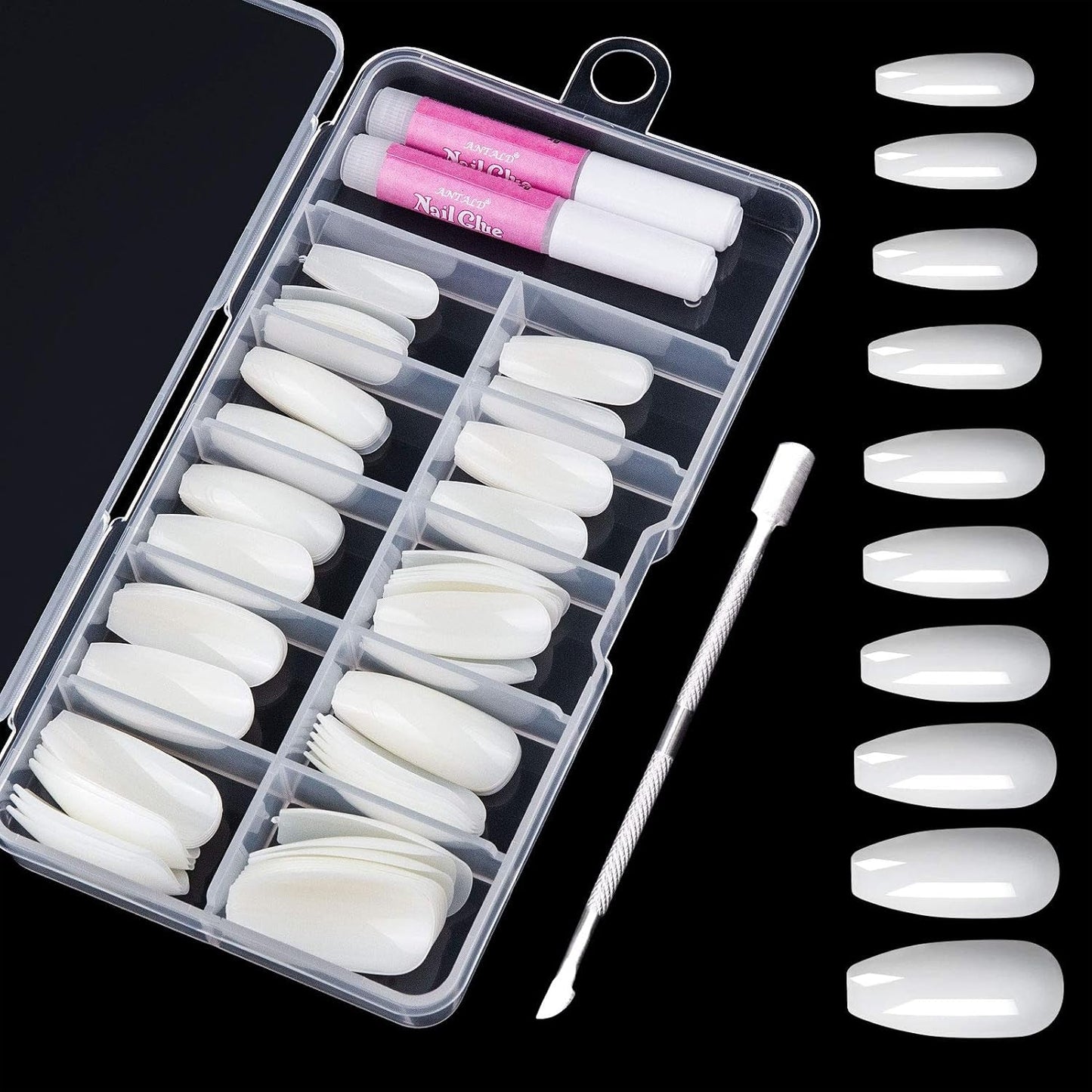 200 pcs Faux Ongles Conseils 10 Tailles Acrylique Ongles Artificiels avec Poussoir à Cuticules et Boîte Transparente pour Femmes et Filles (Naturel et Transparent)