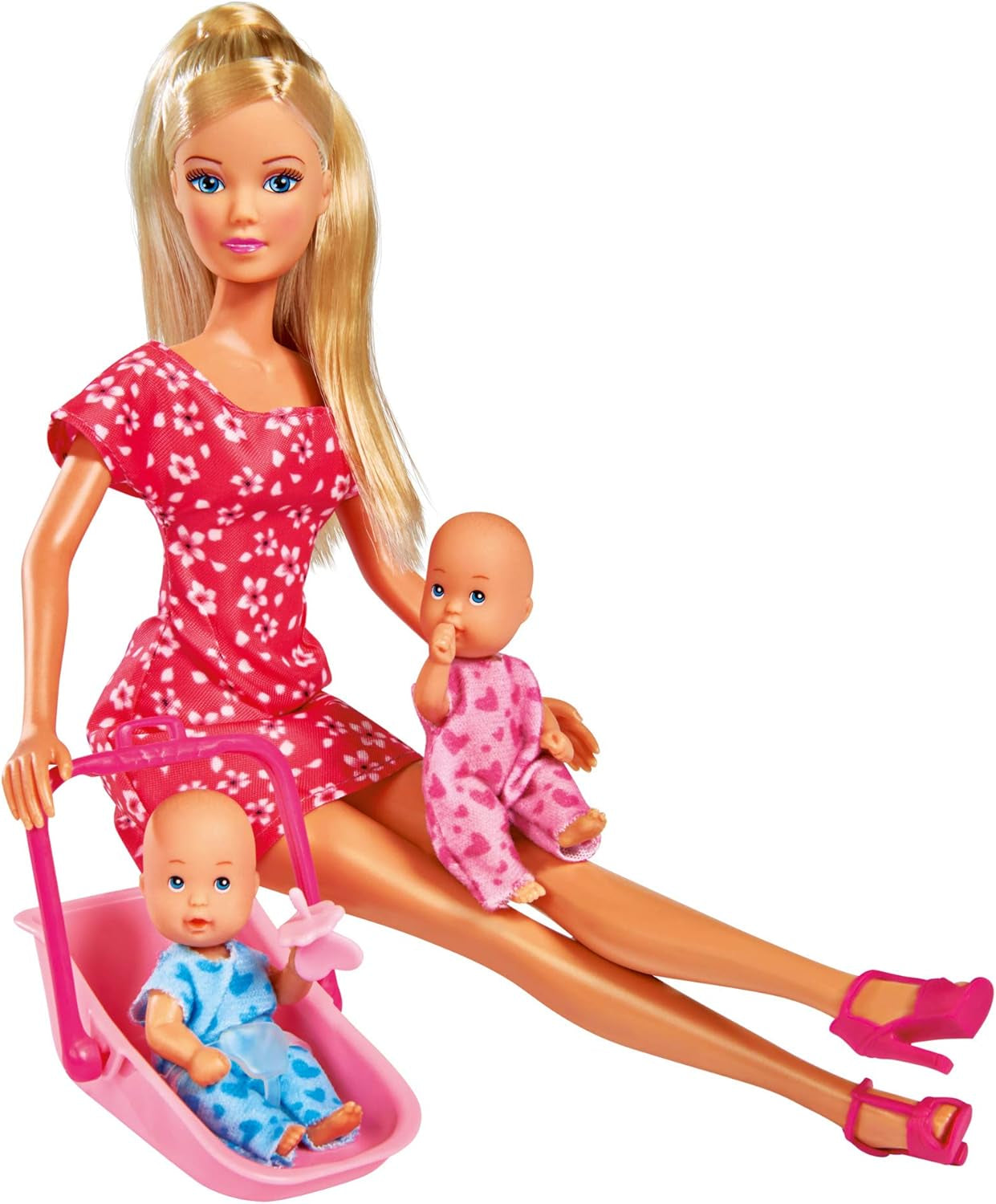 Simba 105730211 - Steffi Love Nanny, avec deux bébés, porte-bébé et siège auto, accessoires, poupée à habiller, 29 cm, pour enfants à partir de 3 ans