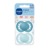 Sucettes MAM Original, paquet de 2, sucettes pour bébé respectueuses des dents, fabriquées à partir de matériaux durables et biorégénérables, tétines en silicone MAM SkinSoft, avec boîte à tétines, 6-16 mois, bleu/bleu clair