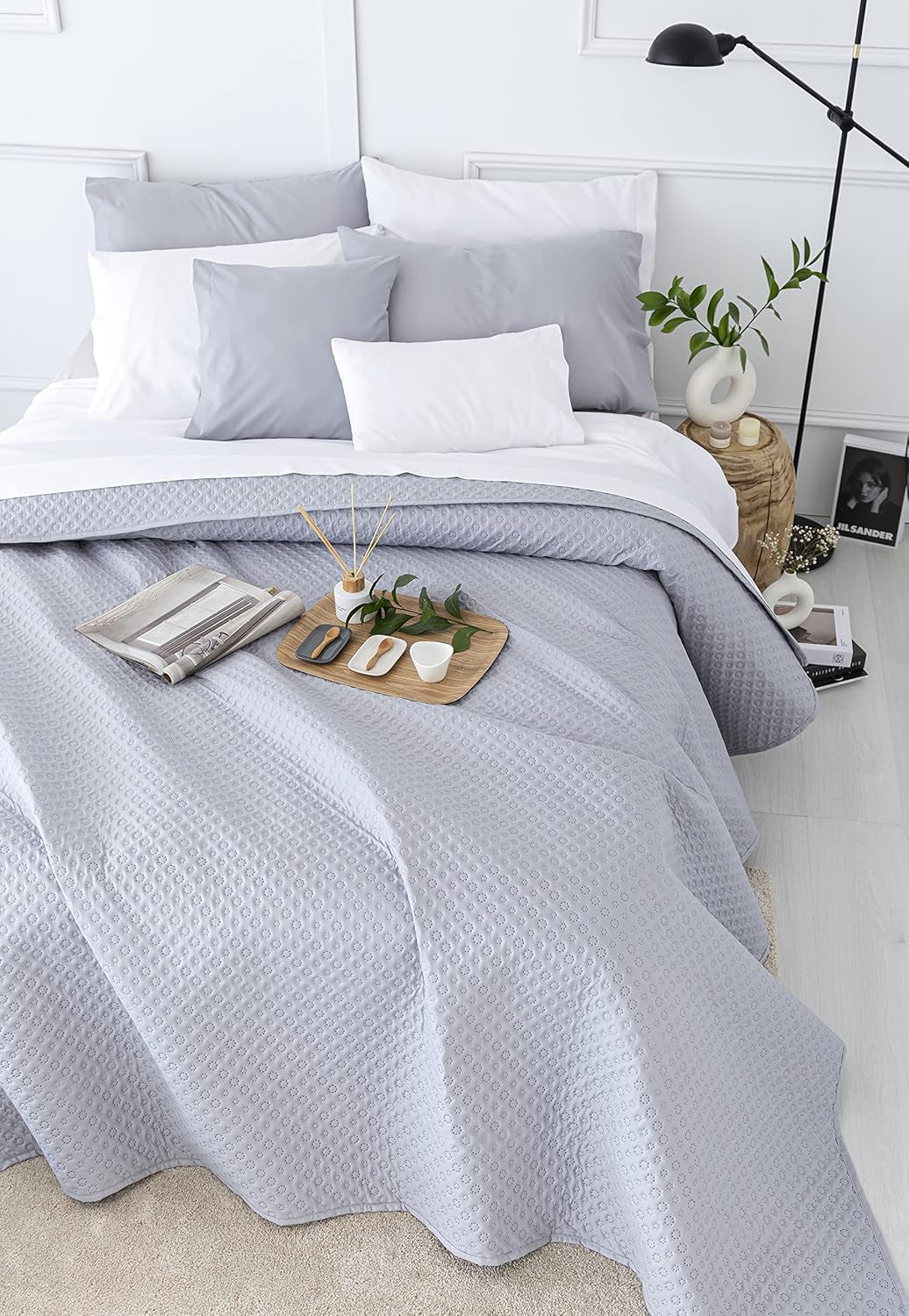 Todocama Fine Boutique Couvre-lit avec motif piqué, pour printemps, été, automne et hiver, 100% microfibre super douce, couverture multifonctionnelle, 140/150/160-250 X 260 cm, gris clair Lits et couvertures Beuche den Todocama-Store