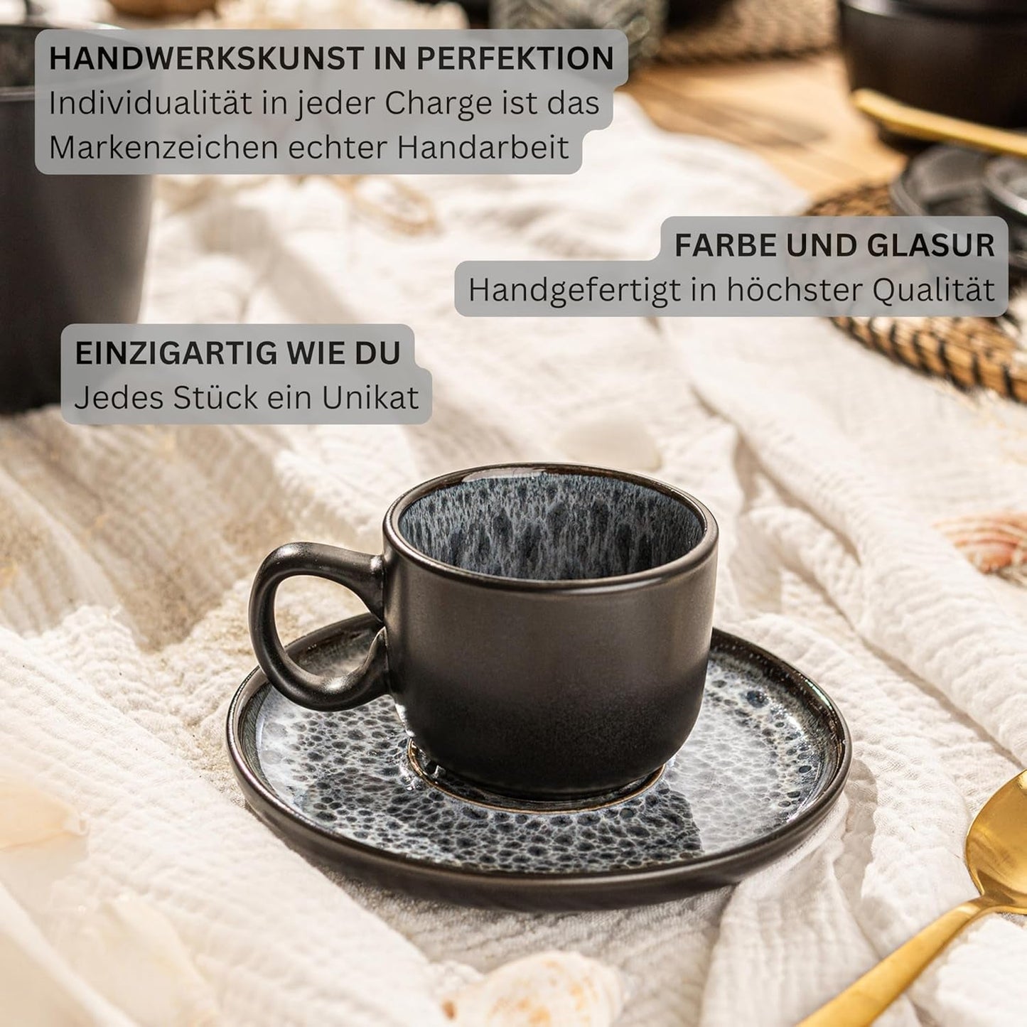SANGER Sydney | Ensemble de 12 tasses à expresso en céramique, ensemble de tasses à moka pour 6, tasses et soucoupes, passe au lave-vaisselle et au micro-ondes, gris foncé, 80 ml | LA COLLECTION VALEUR