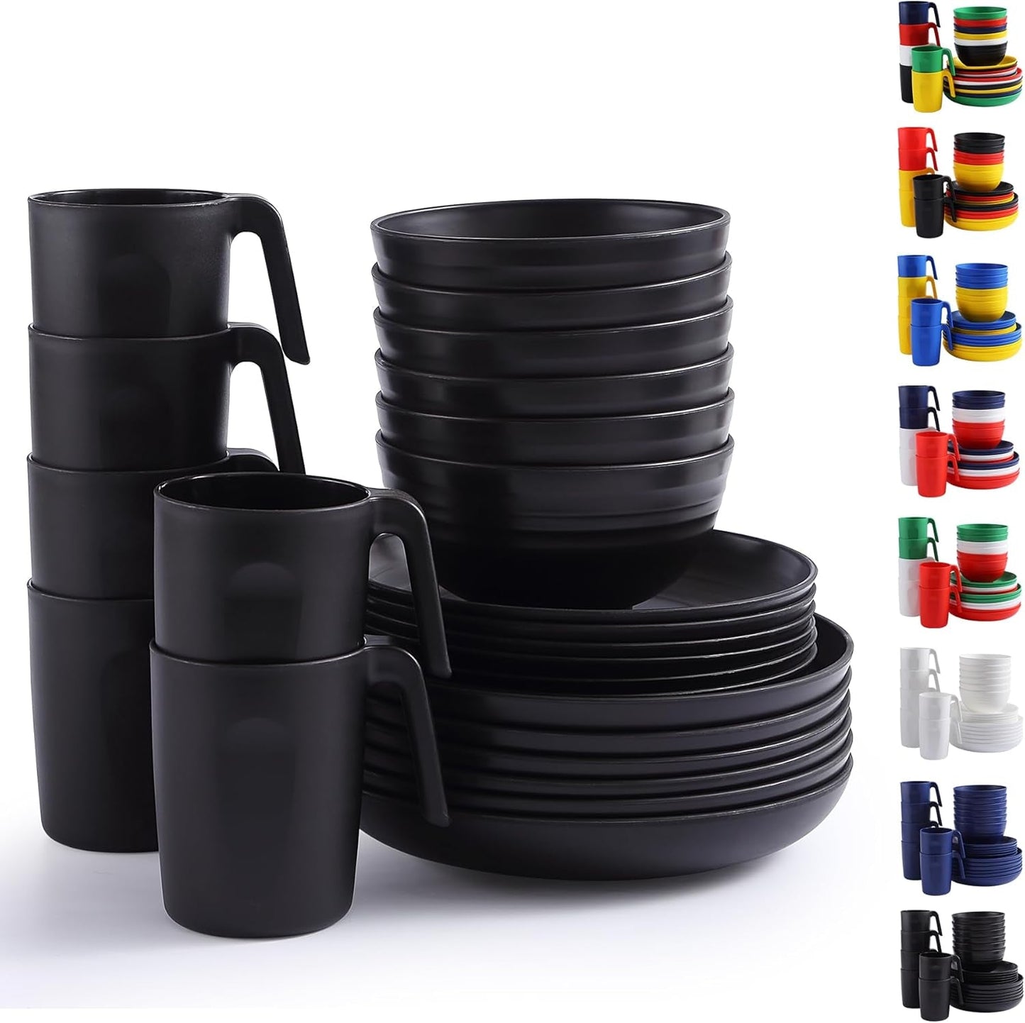 Berglander Service de table 24 pièces en plastique noir pour 6 assiettes et bols réutilisables comprenant des assiettes plates, des assiettes à dessert, des bols à céréales et des tasses pour la maison, le jardin et les pique-niques