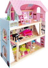 Bino World of Toys Maison de poupée avec balcon, jouet pour les tout-petits à partir de 3 ans, avec 3 étages, escaliers, 4 pièces et balcon incl. 15-TLG. Accessoires, Pour promouvoir les compétences des enfants, Maisons de poupées design rose Naty Shop