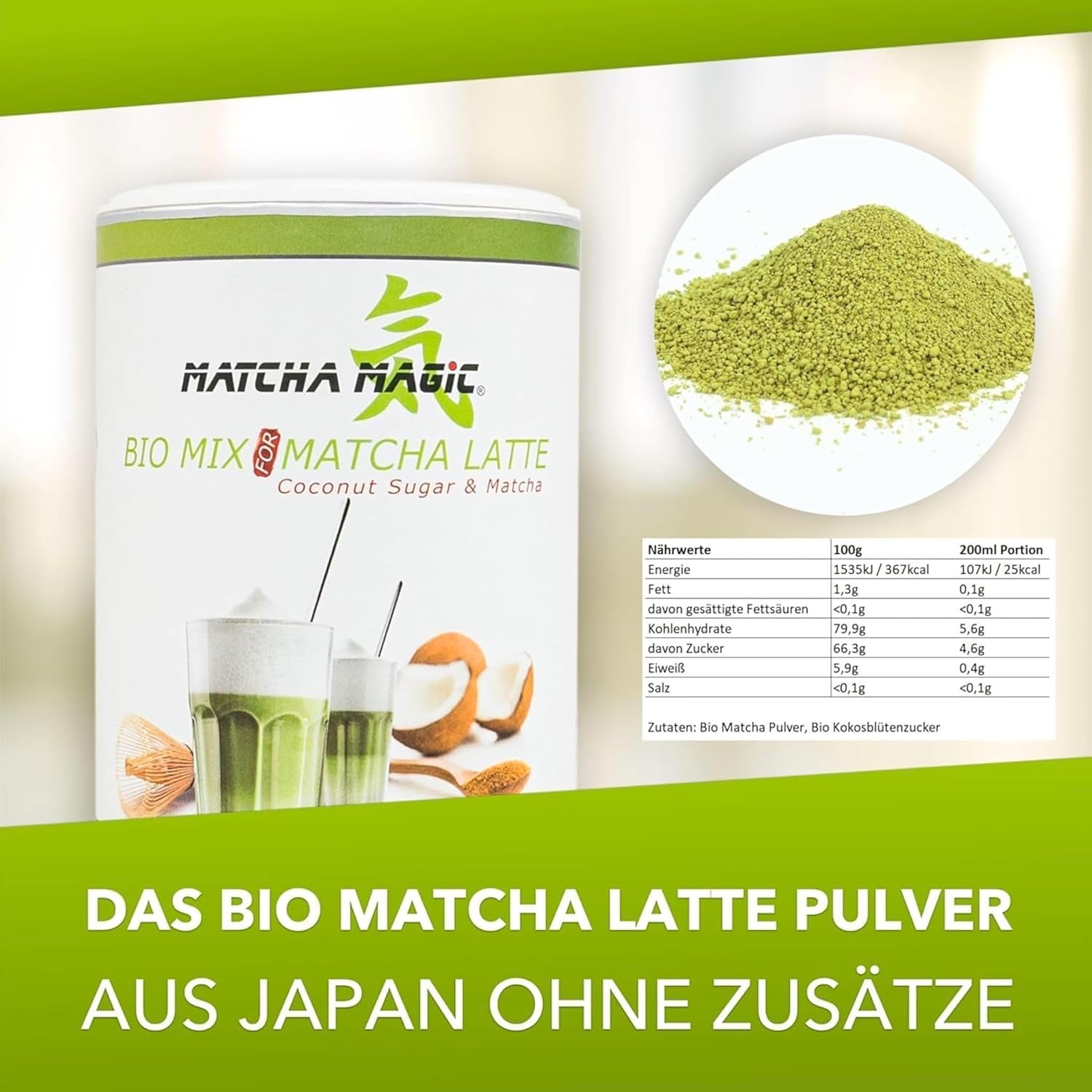Matchamagic - Poudre de matcha latte bio du Japon avec sucre de fleur de coco pour un délicieux thé