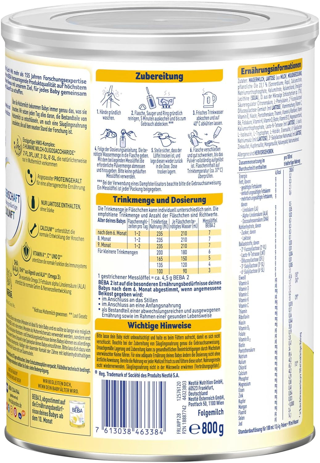 BEBA 2 - Lait de suite après 6 mois, avec complexe 5 HMO, teneur en protéines adaptée à l'âge, sans lactose, sans huile de palme, sans huile de poisson, nourriture pour bébé, lait en poudre pour bébé, lot de 3 (3 x 800 g)