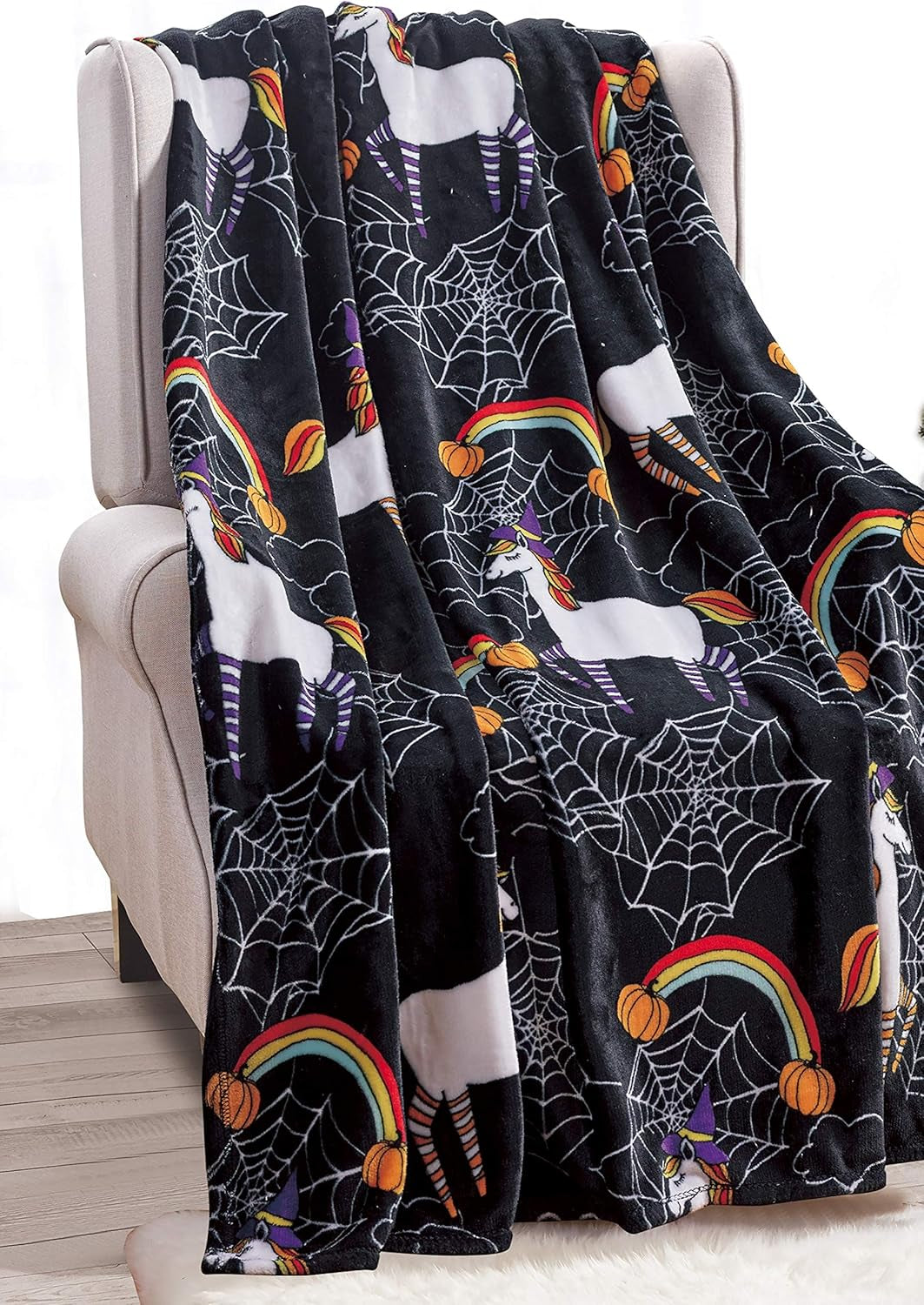 Couverture légère et confortable sur le thème d'Halloween, douce, confortable et moelleuse, parfaite pour se détendre en cette saison effrayante, 127 x 152,4 cm, lits et couvertures Skull and Bones Elegant Comfort Licorne Noir 50 x 60