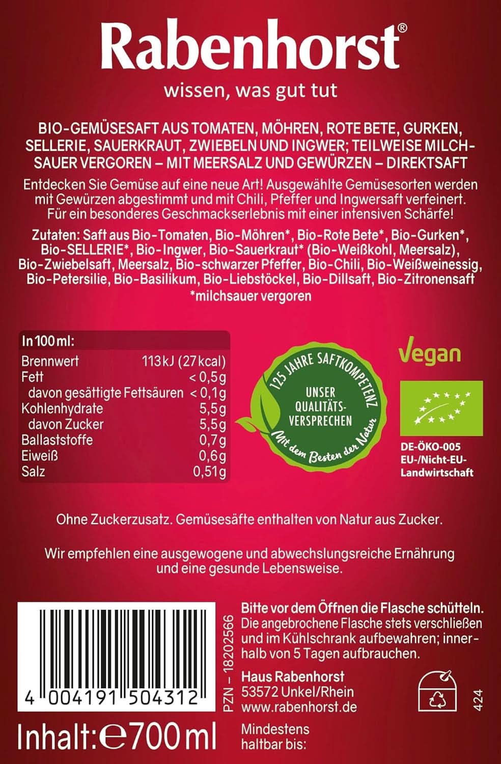 RABENHORST (6 x 700 ml) - Jus de légumes de haute qualité à base de divers légumes au goût épicé intense Boissons sans alcool Naty Shop