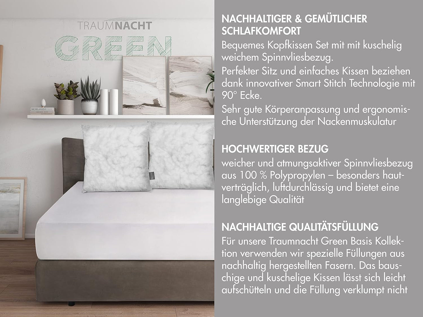 Ensemble d'oreillers Traumnacht Green Basic composé de deux oreillers 80 X 80 Cm, certifiés Oeko-Tex, produits selon la norme de qualité allemande Oreillers standard Naty Shop