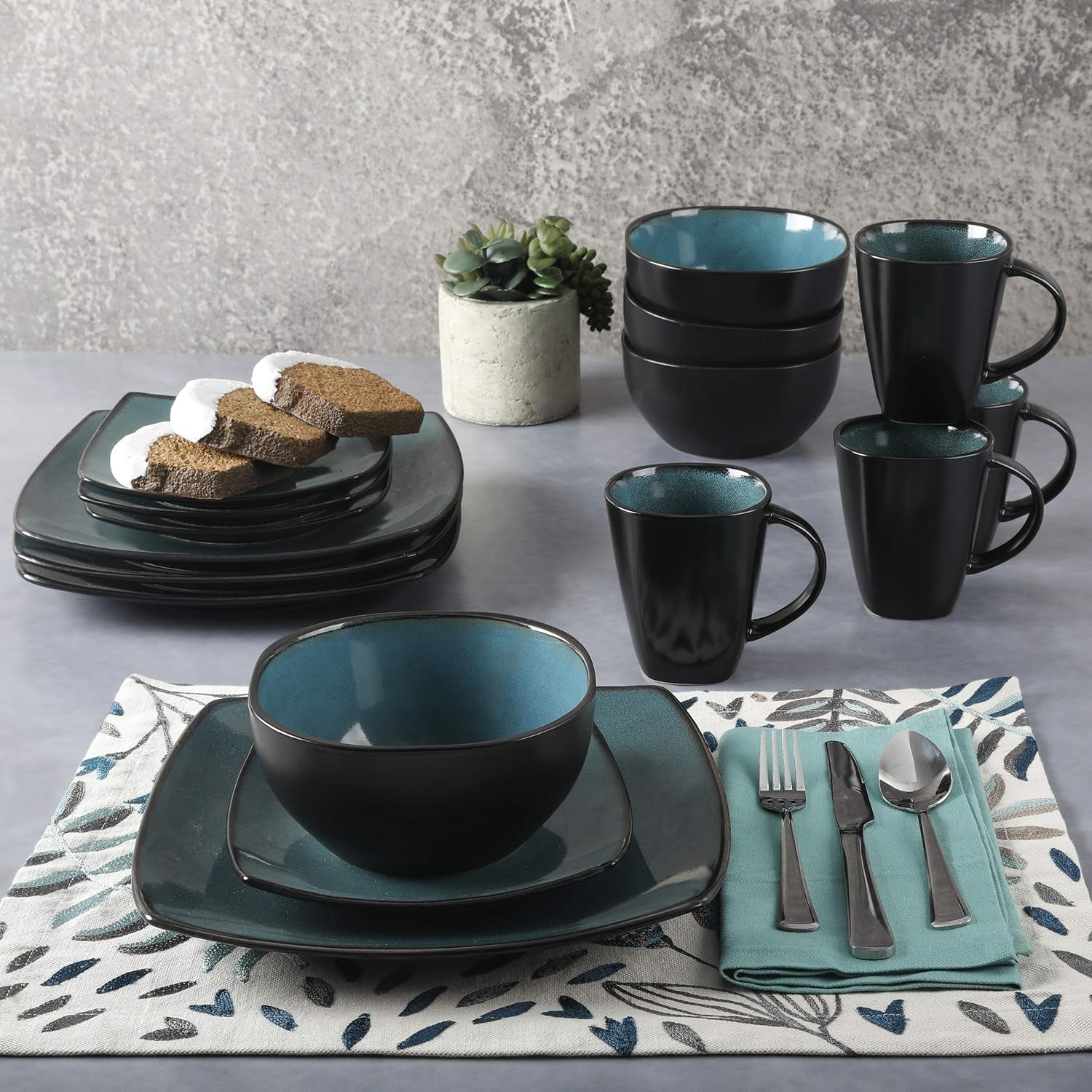 Gibson 99813.16R Elite Soho Lounge Reactive Glaze Service de table pour 4 personnes, 16 pièces, effet bicolore bleu-vert/noir