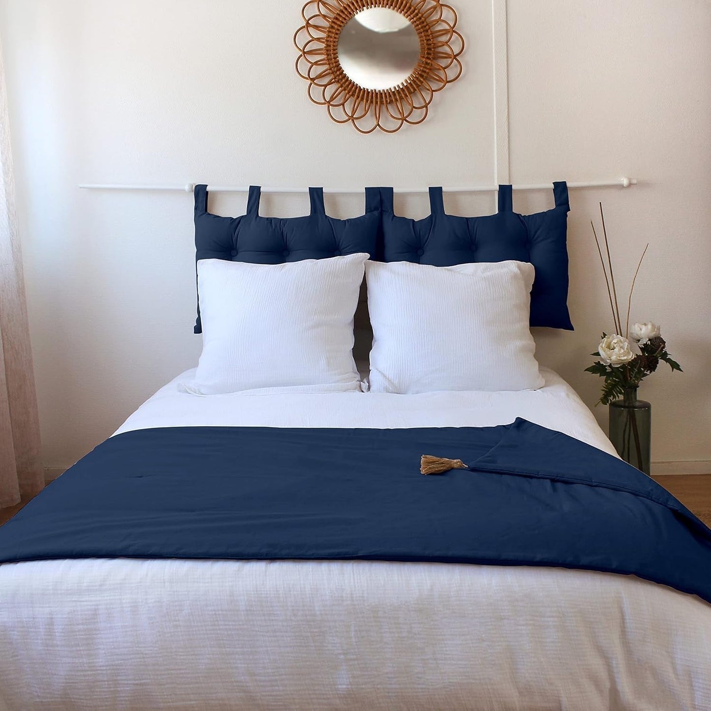 Enjoy Home - Collection Panama - Couette avec 4 pompons en jute - 100% coton - Certificat Oeko-Tex - 90 X 190 Cm - Couleur : Bleu marine Couettes et couettes Naty Shop