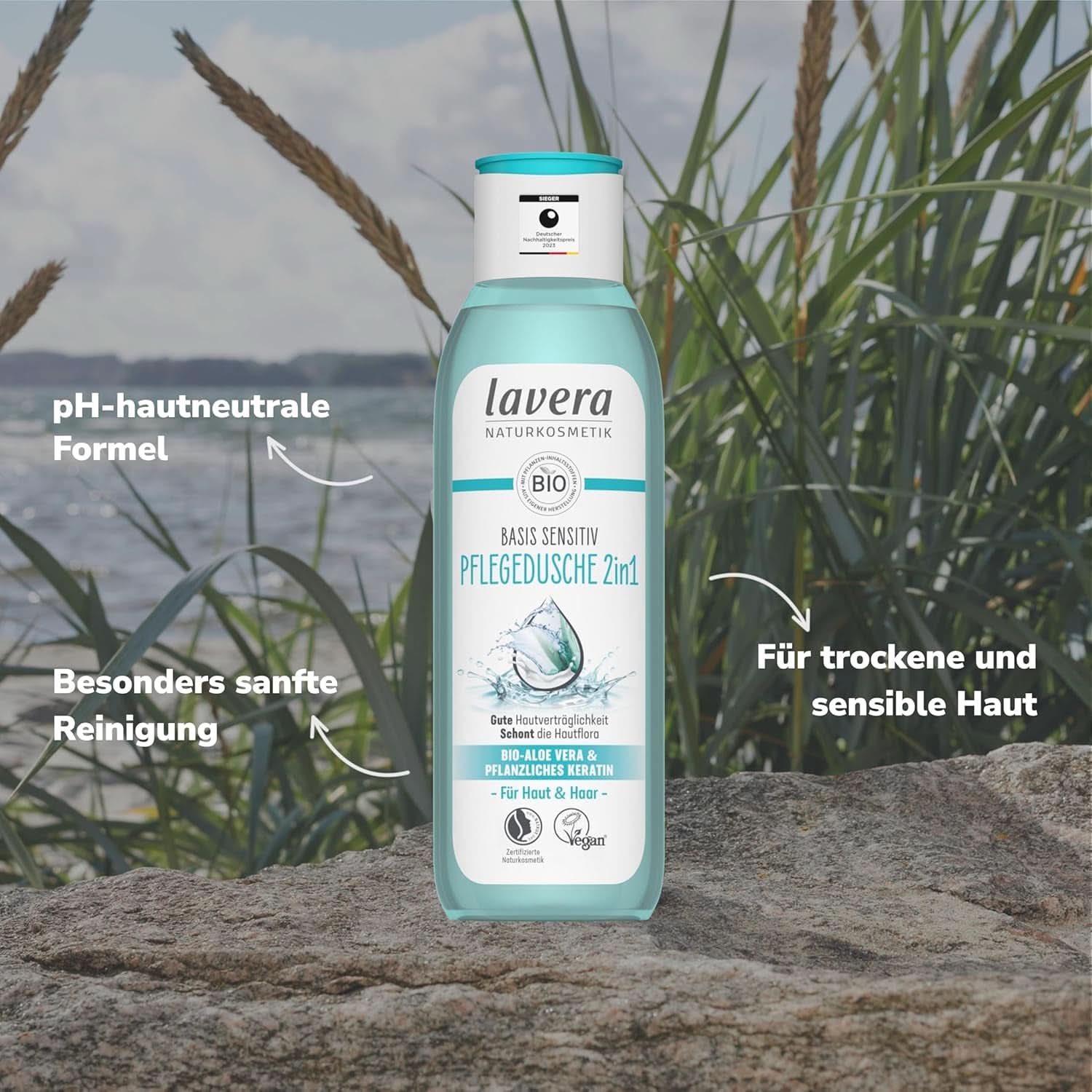Lavera Care Basis Sensitiv 2 en 1, Shampoing et gel douche à l'aloe vera bio et kératine végétale, 250 ml Douche et bain Naty Shop