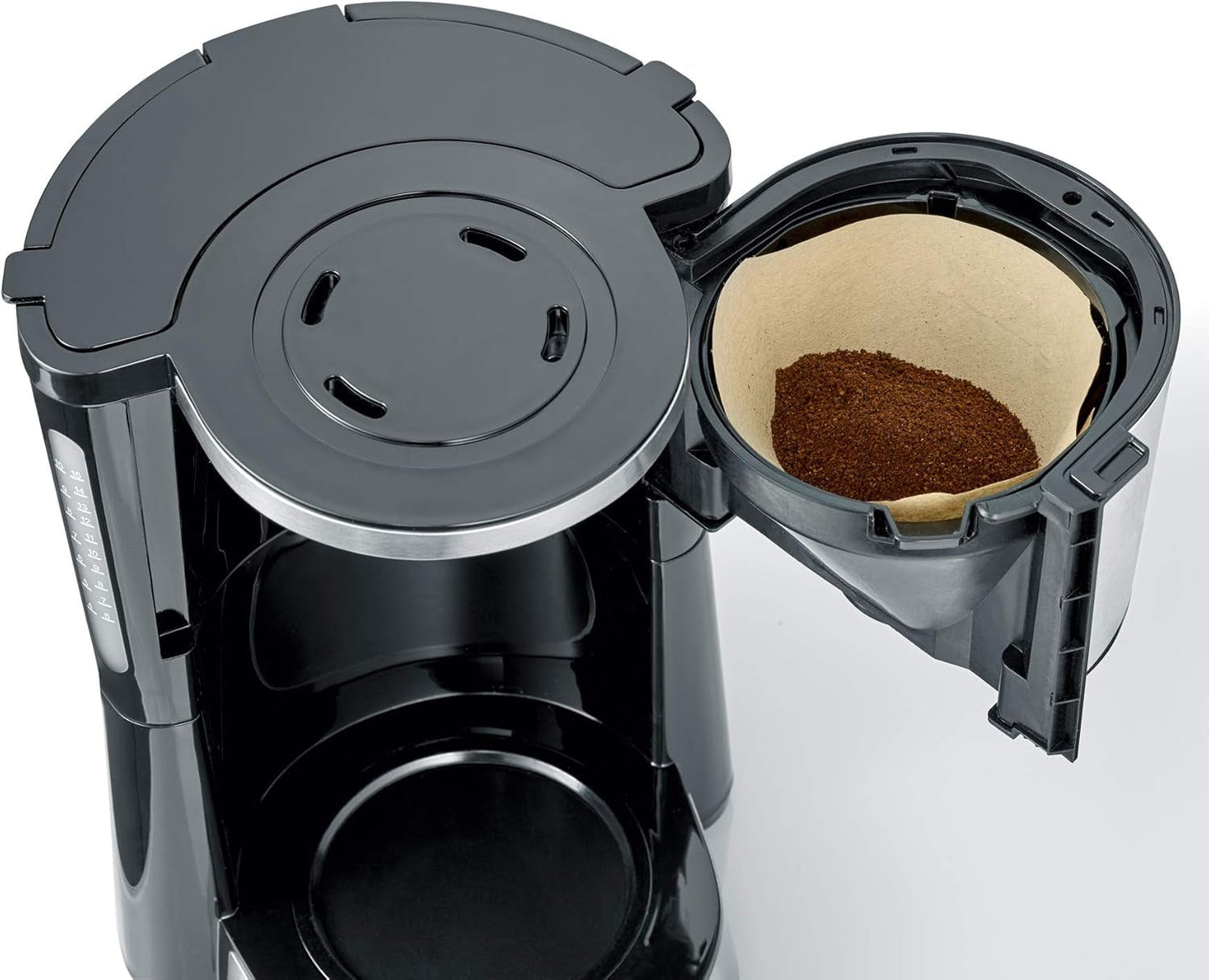 Machine à expresso SEVERIN "TypeSwitch" avec carafe thermique, AromaSwitch pour choisir entre 2 profils de distribution, machine à café jusqu'à 10 tasses, 1000W, acier inoxydable brossé-noir, KA 4845