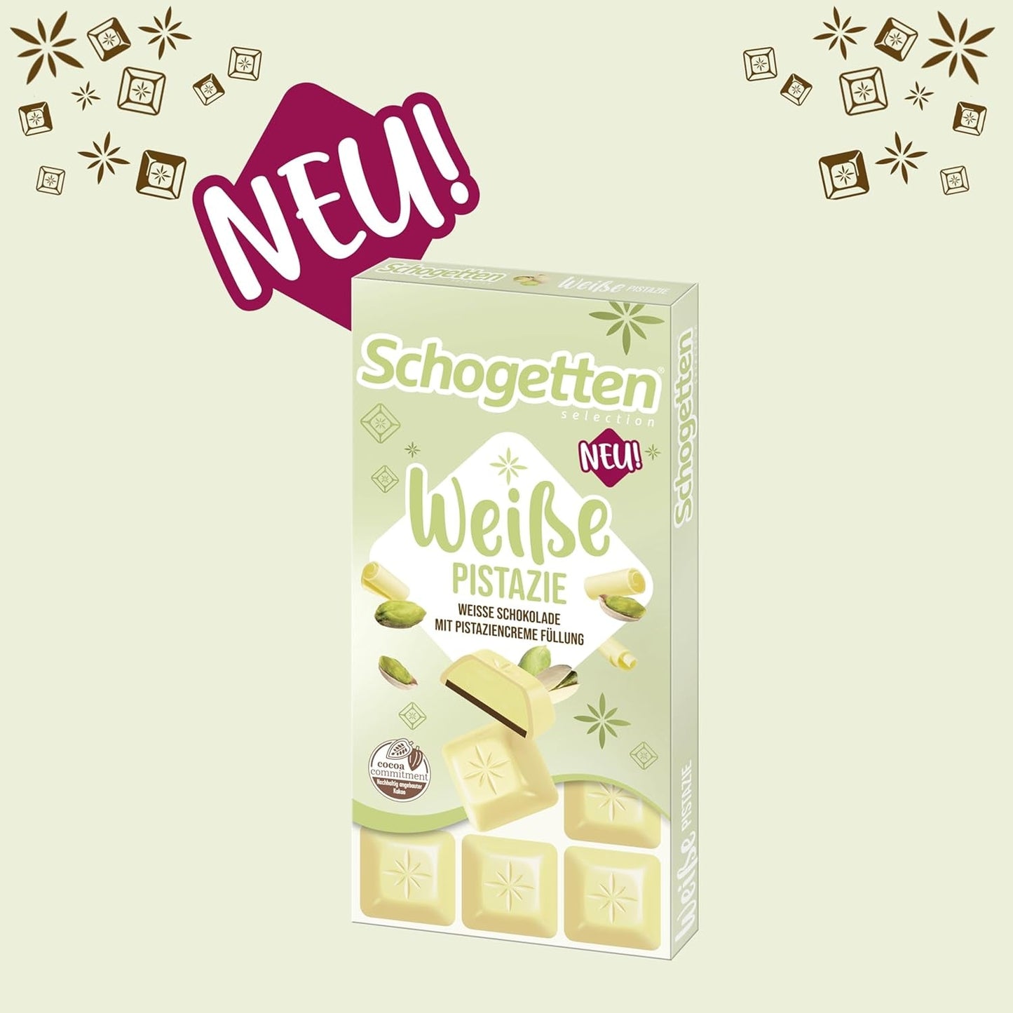 Schogetten Pistache Blanche | Chocolat blanc fourré à la crème de pistache | 100g | Idéalement portionné (paquet de 3)
