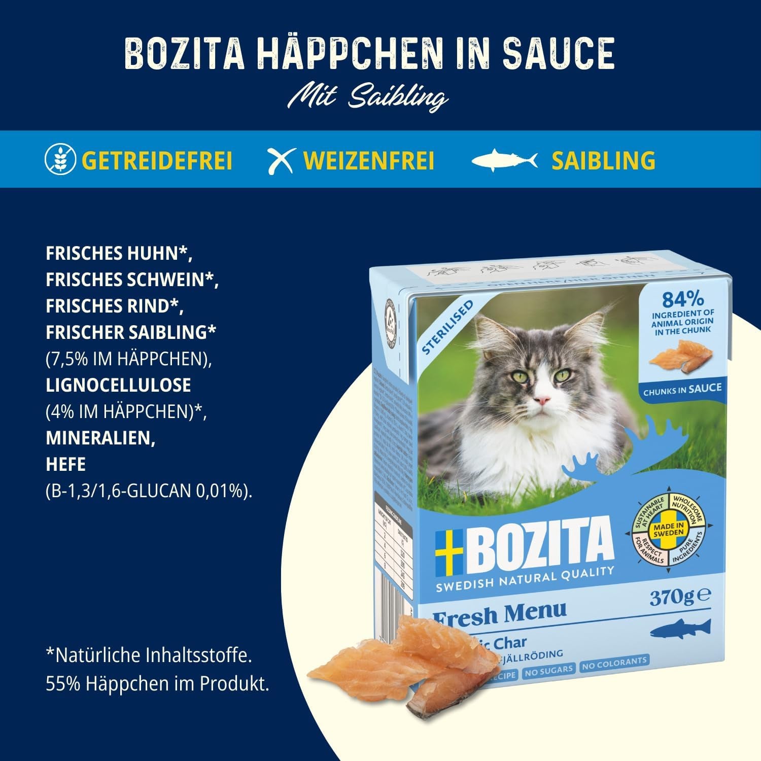 Bozita Tetra Morceaux stérilisés à la sauce au charbon de bois - 6 x 370g Nourriture humide pour chat sans céréales et sans sucre - sans OGM, avec 8,5% de protéines et 4,5% de matières grasses - de haute qualité et extrêmement savoureuse