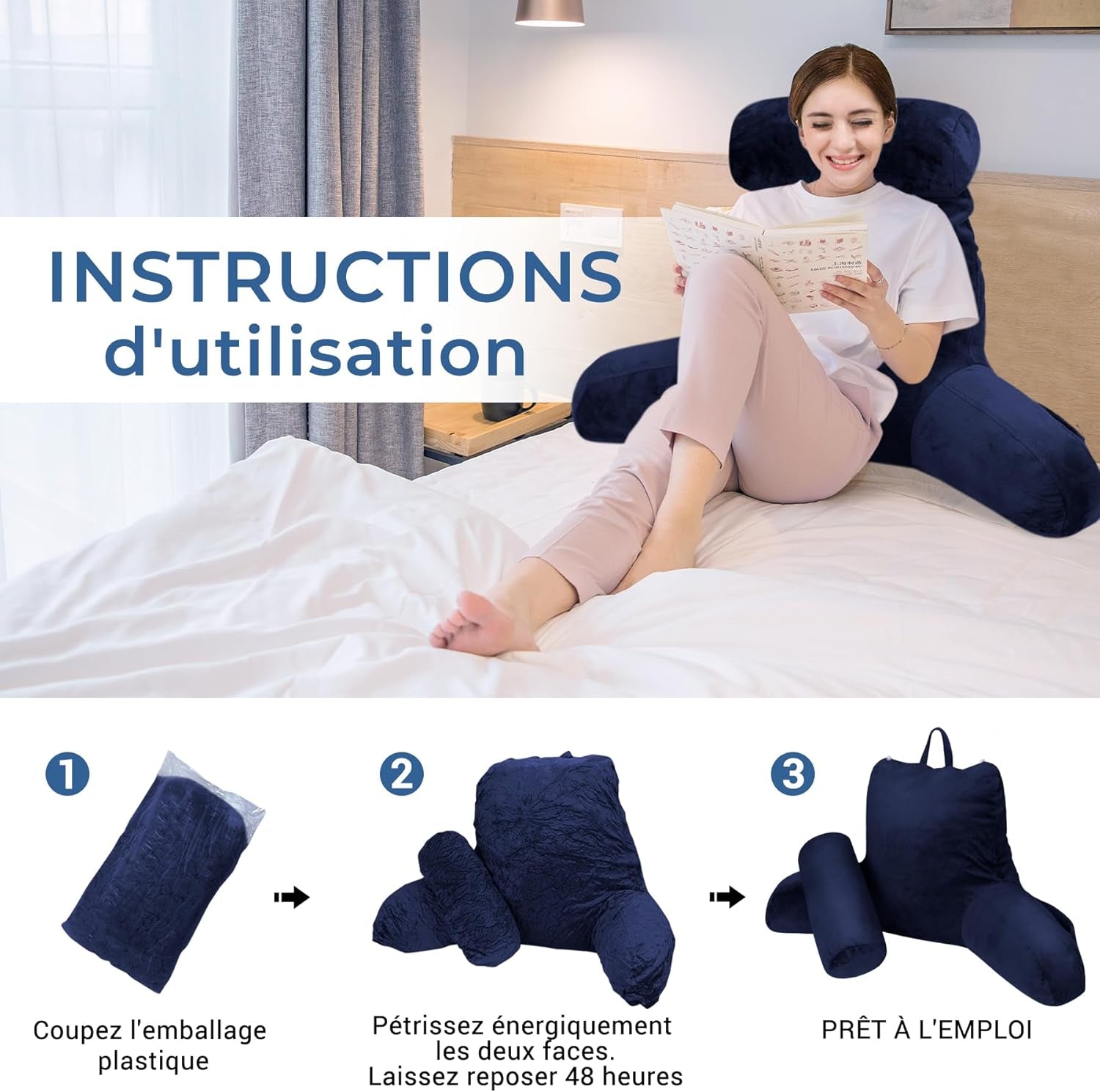 Oreiller de lecture INFANZIA avec accoudoirs, mousse à mémoire de forme, support ergonomique pour canapé et lit, bleu marine