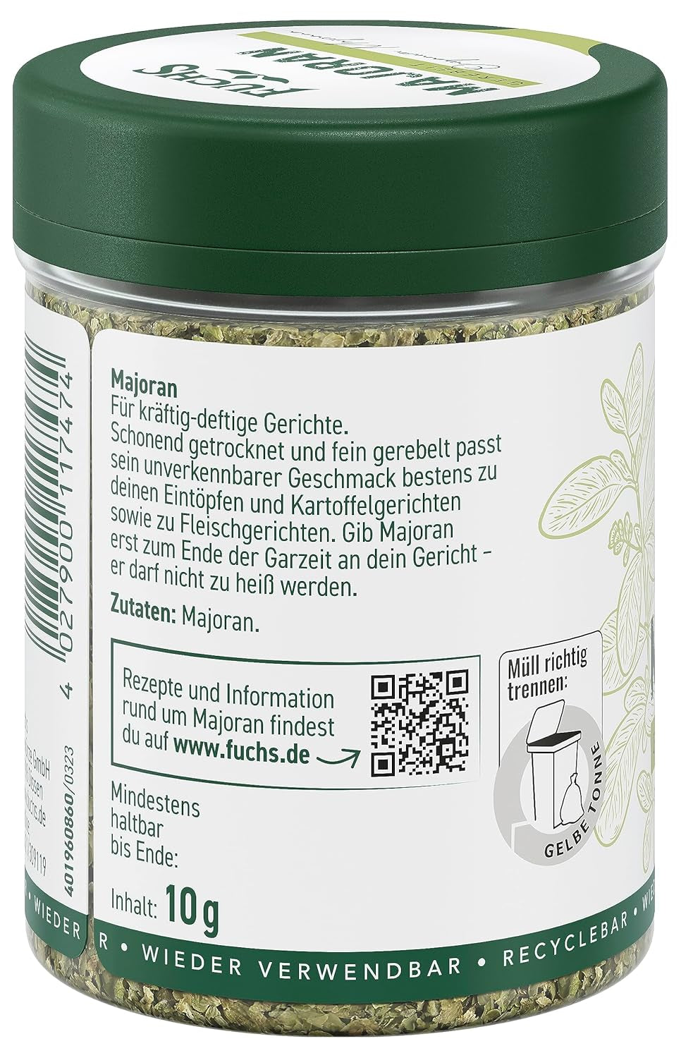 Fuchs Gewürze - Marjolaine gerebelt - zum Würzen von Kartoffelgerichten, Fleischgerichten oder Eintöpfen - ingrédients naturels - 10 g dans une dose wiederverwendbarer, recyclebarer