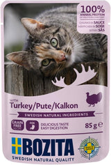 Bozita Pouch Nourriture humide avec morceaux en sauce et dinde – 12 sachets portions x 85 g de nourriture pour chat sans céréales ni blé – Nourriture humide pour chat adulte avec 8,5 % de protéines et 4,5 % de matières grasses