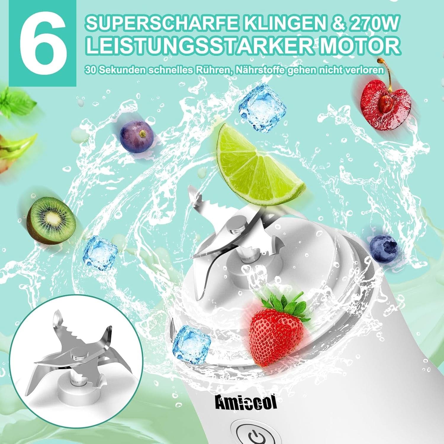 Mixeur Smoothie Maker to Go, Mini batteur sur socle avec 6 couteaux en acier inoxydable, support avec plateau, mélangeur électrique portable USB bouteille de 600 ml, mélangeur Shaker Slushy Maker eau potable Bucatarie Naty Shop