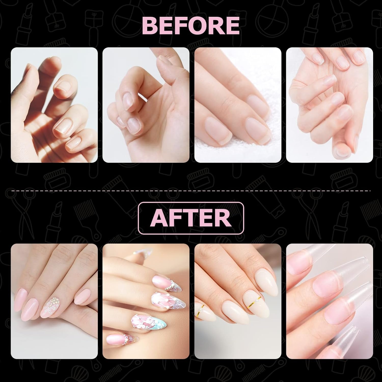 Types d'ongles, 500 pièces de faux ongles artificiels en acrylique avec boîte de rangement pour salons de manucure et bricolage à domicile, 10 tailles